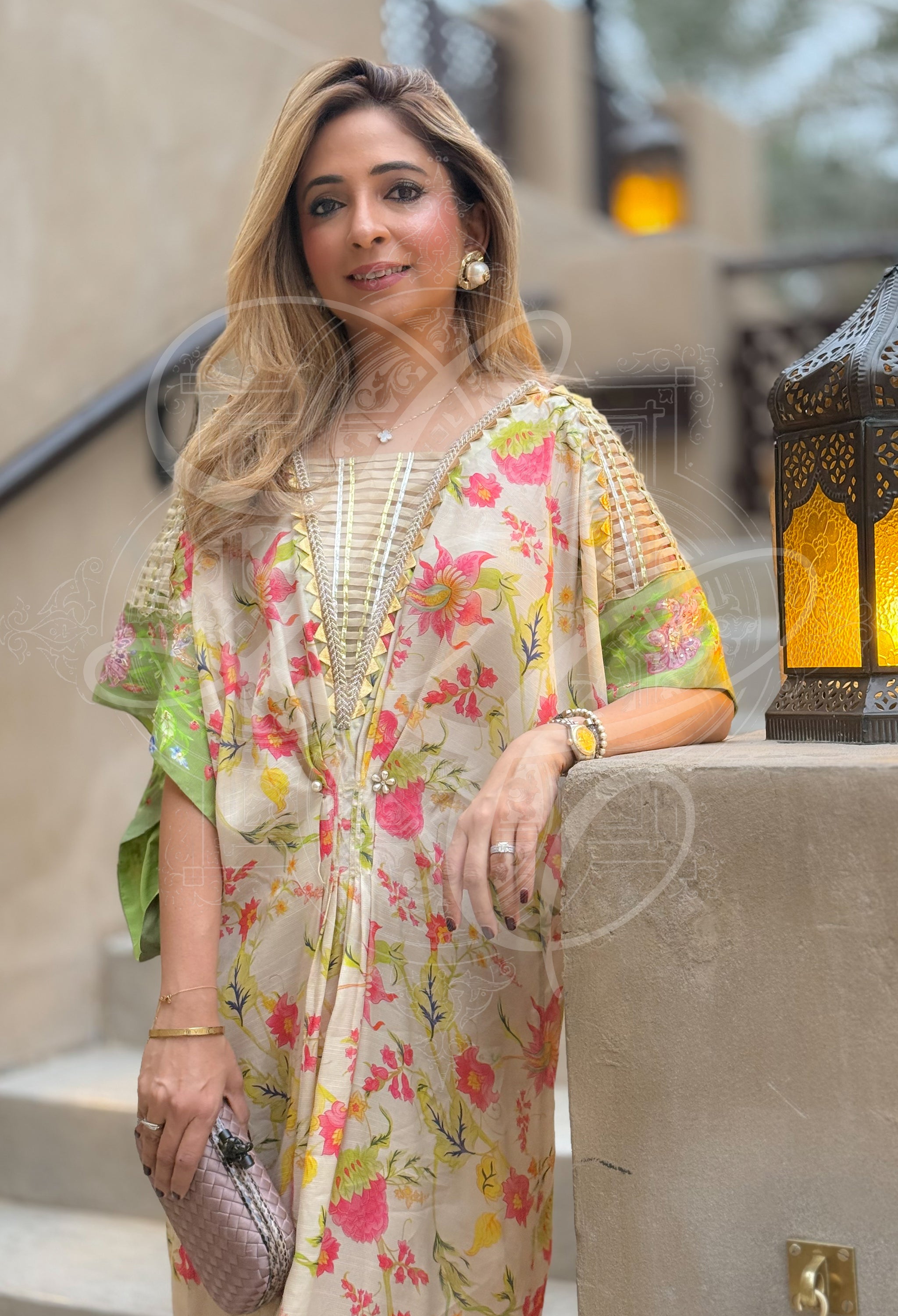 Off White Printed and Embellished Kaftan