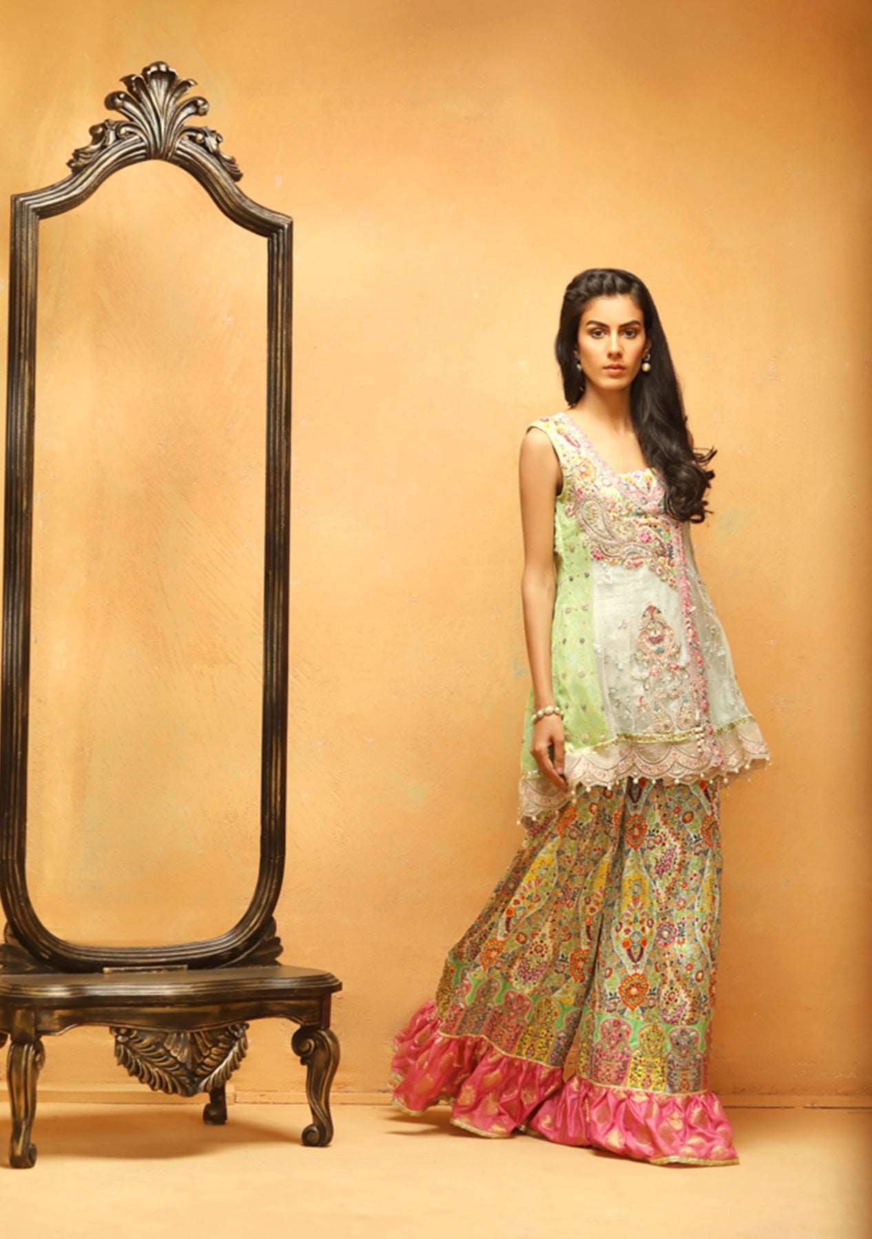 Aqua blue peplum with printed gharara and dupatta