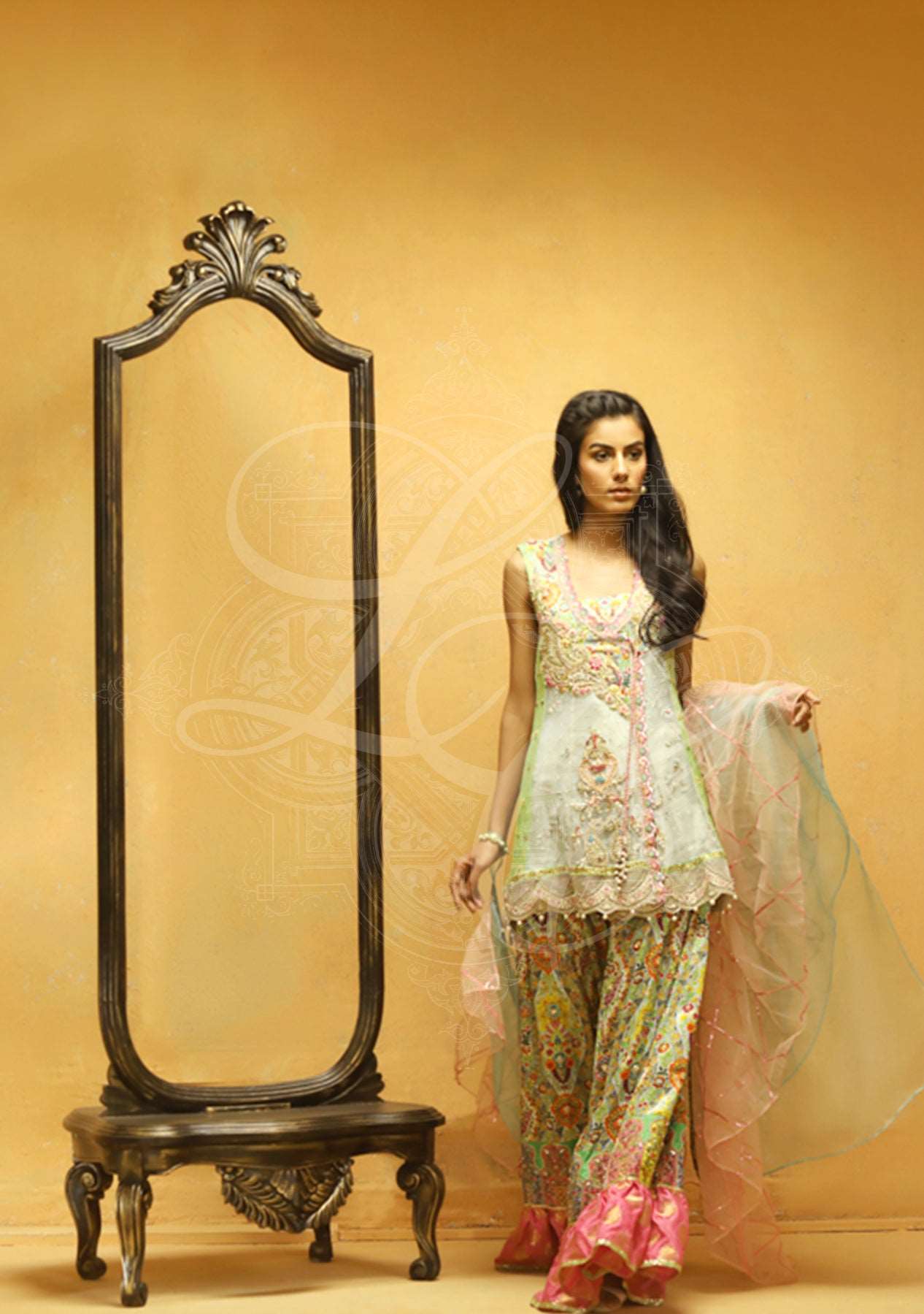 Aqua blue peplum with printed gharara and dupatta