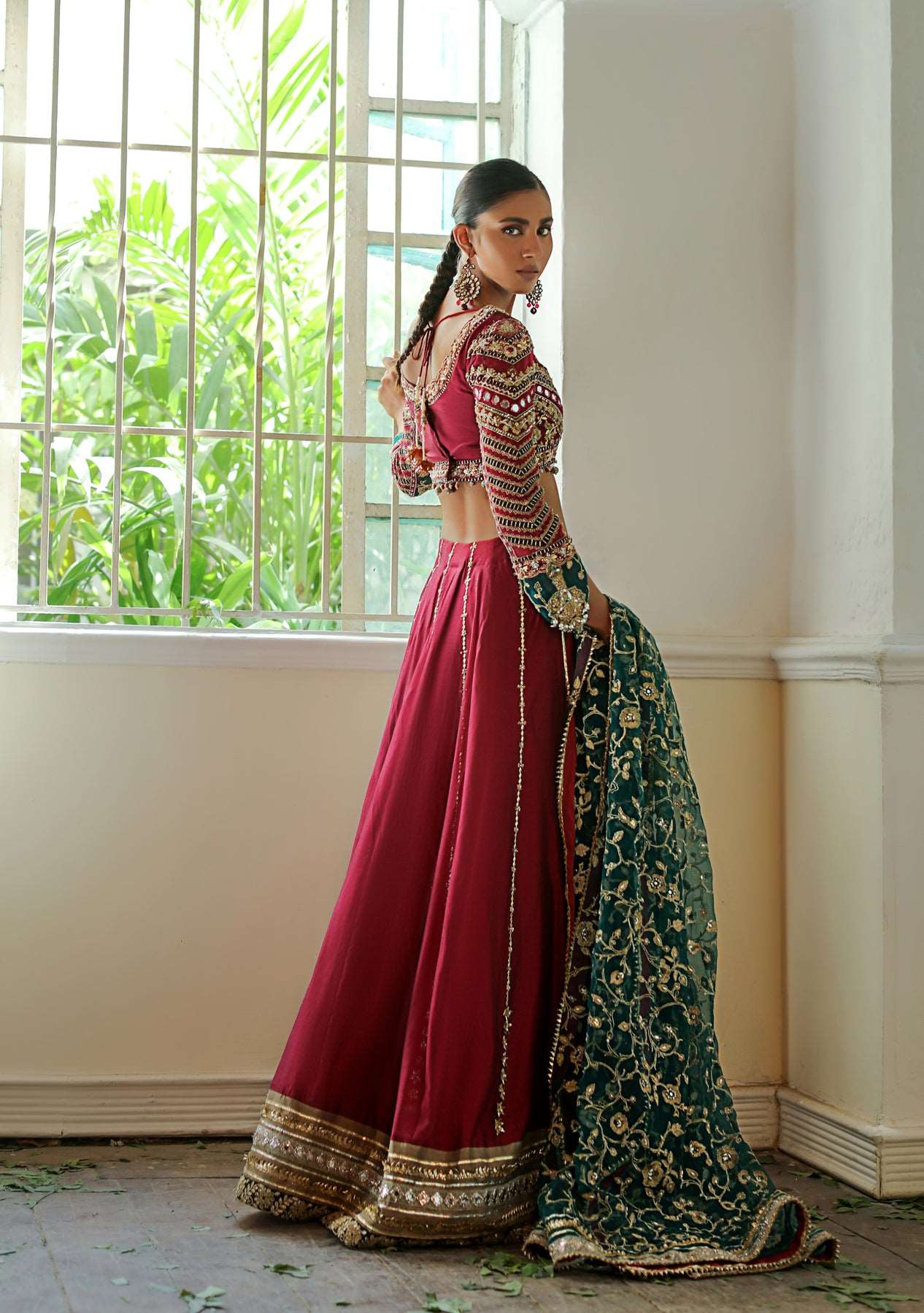 Fuchsia pink lehenga choli with green dupatta