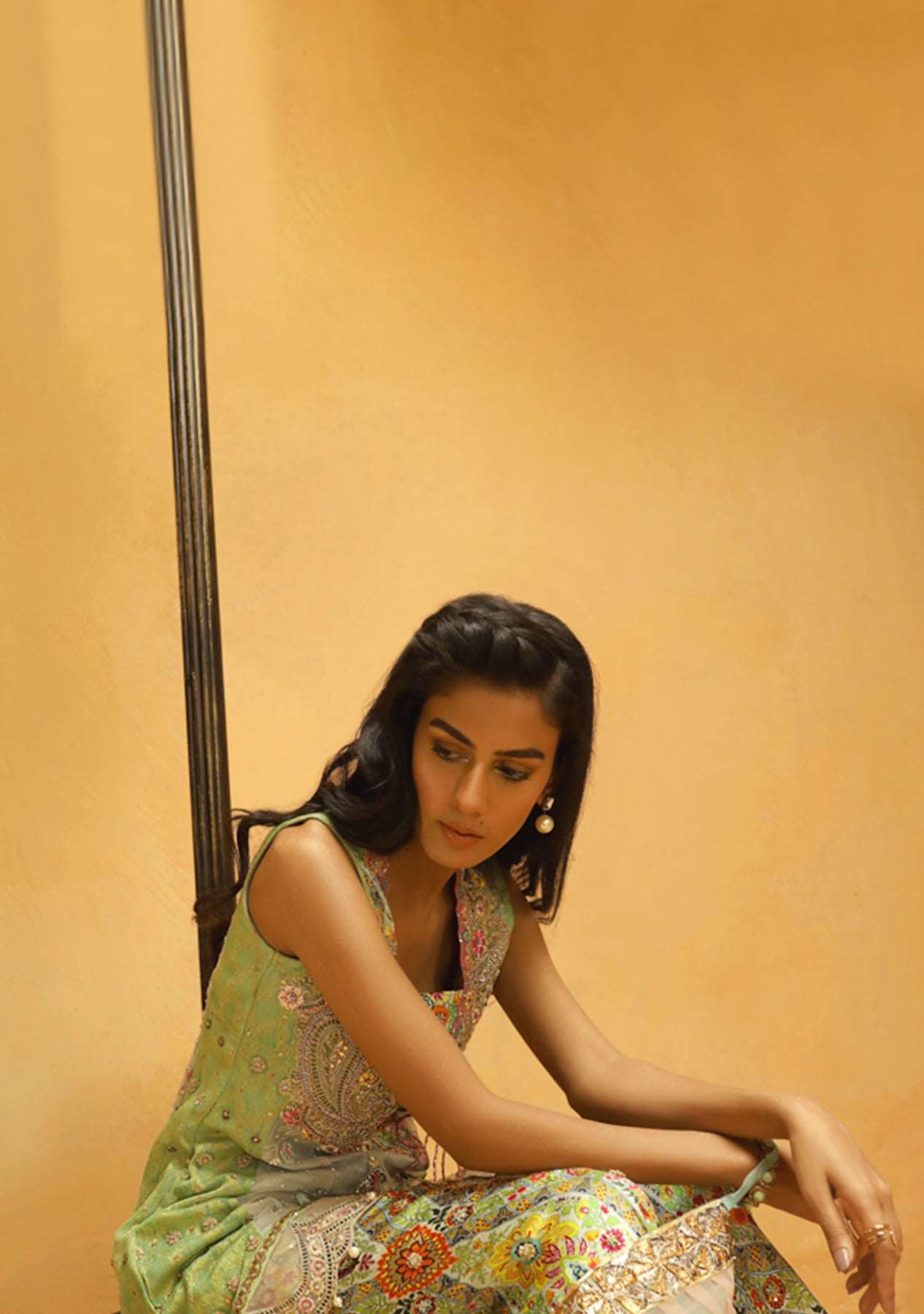 Aqua blue peplum with printed gharara and dupatta