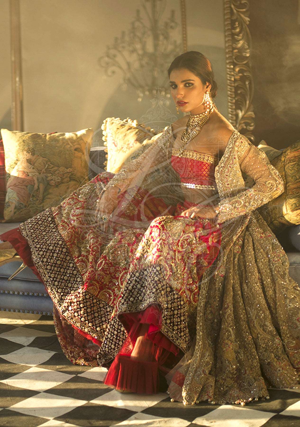 Champagne Gold And Red Bridal Shirt, Gharara & Dupatta / S / Net Champagne Gold And Red Bridal Shirt, Gharara & Dupatta / S / Net