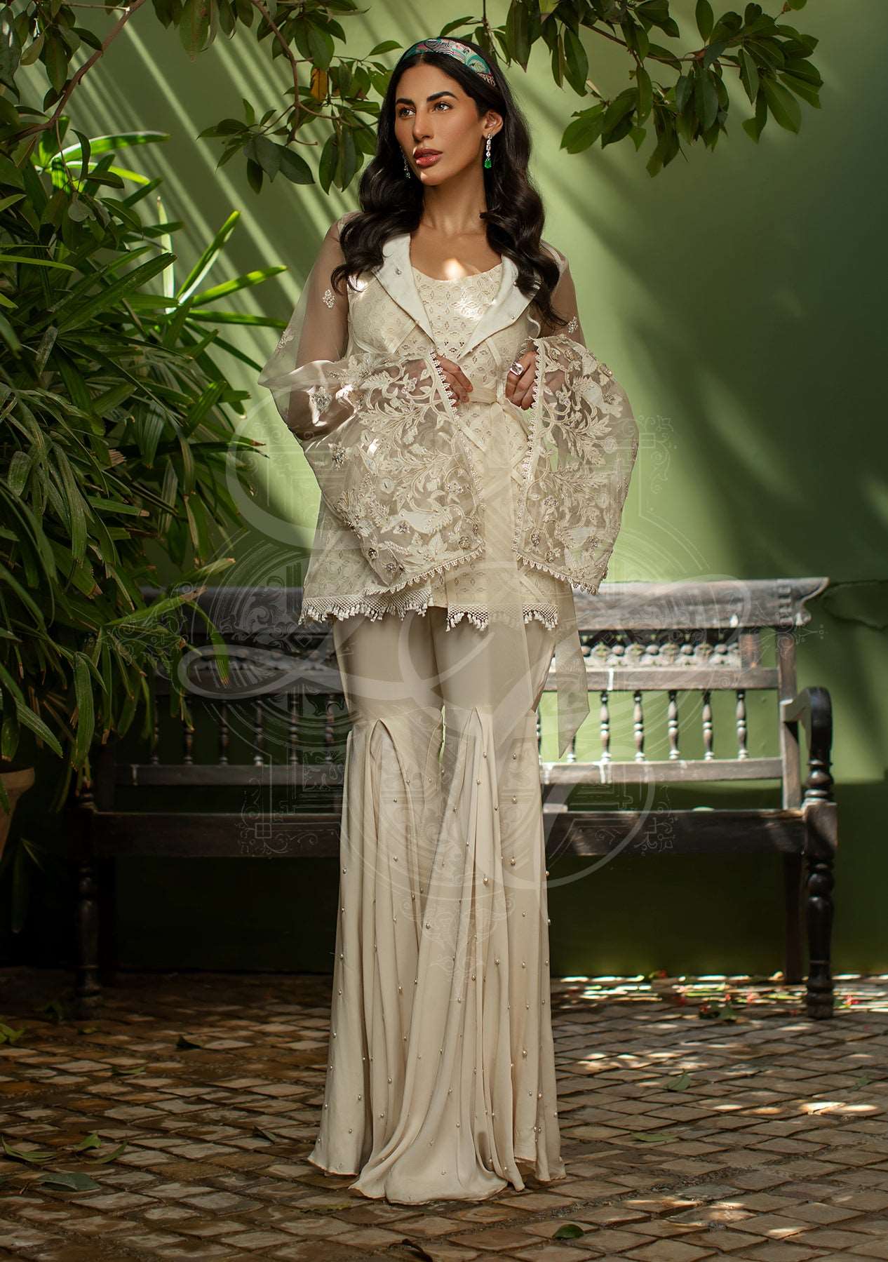 Ivory short jacket with cami and gharara