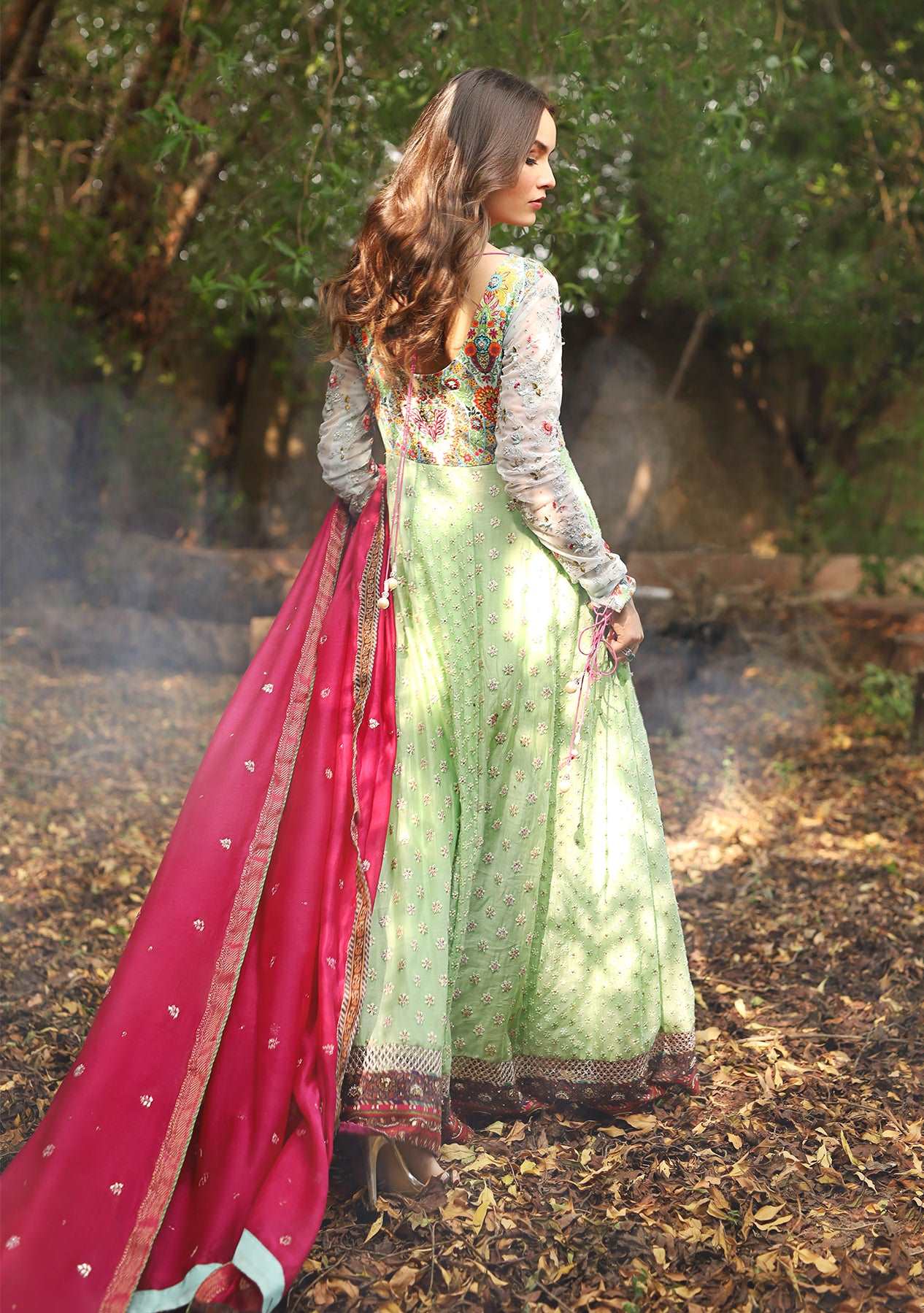 Lime green peshwas with churidars and contrasting dupatta