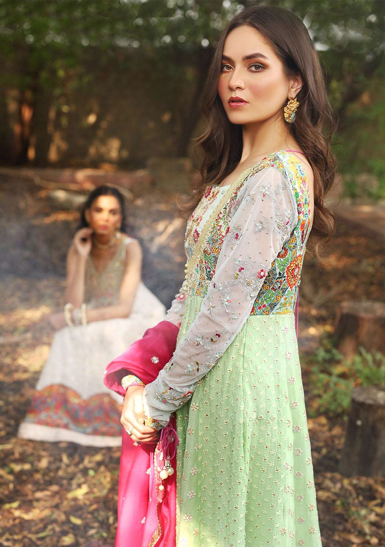 Lime green peshwas with churidars and contrasting dupatta