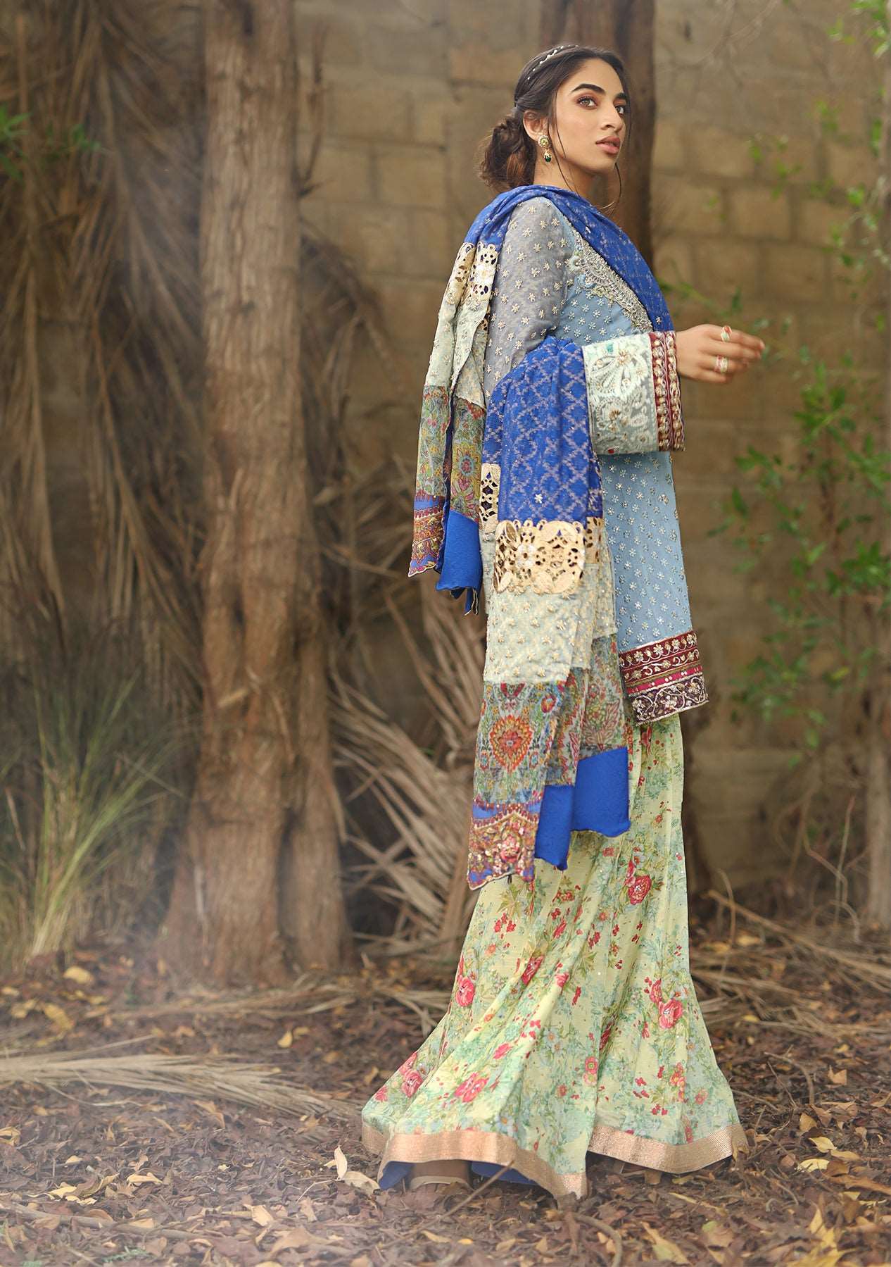 Powder blue short tunic with gharara