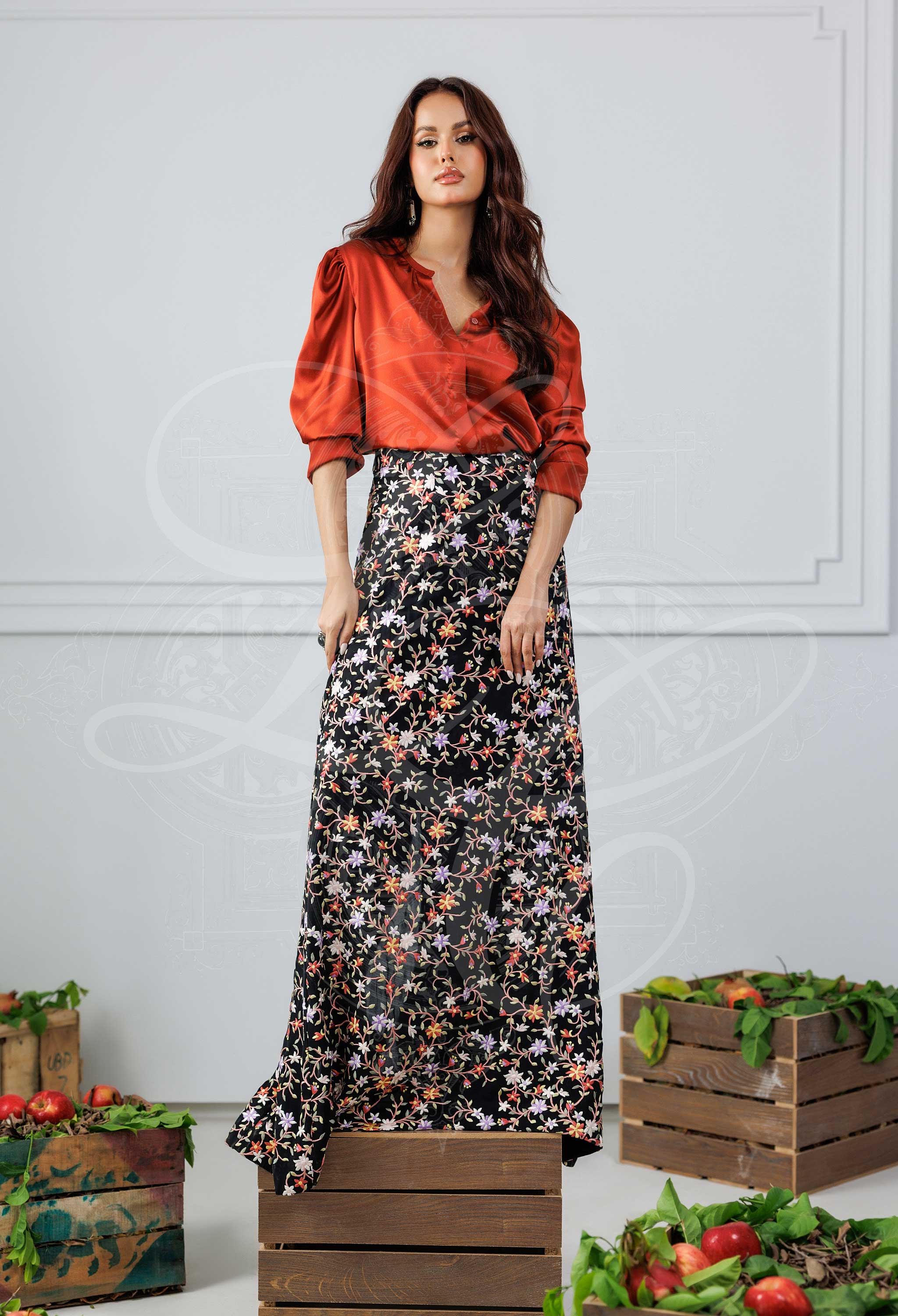 CELIA - Chamois silk blouse with Gara work Skirt