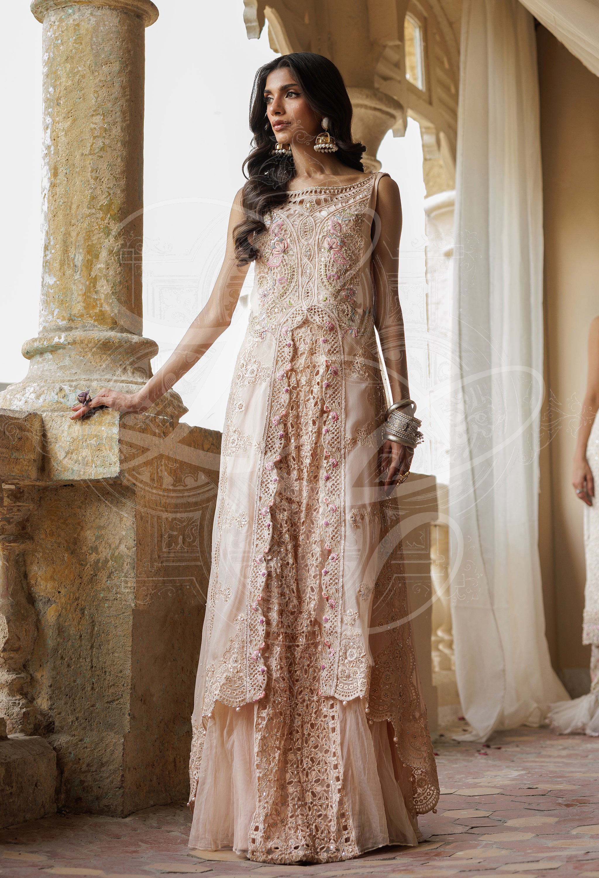 Shirin - Cutwork hi low shirt with crushed cutwork lehenga