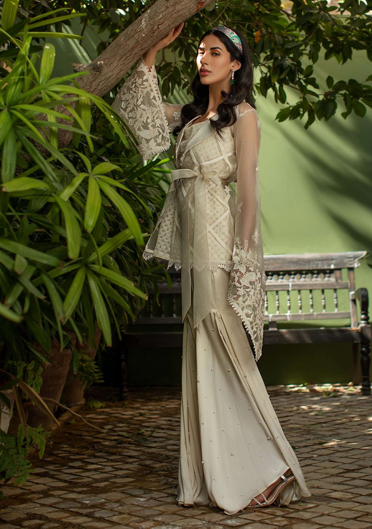 Ivory short jacket with cami and gharara