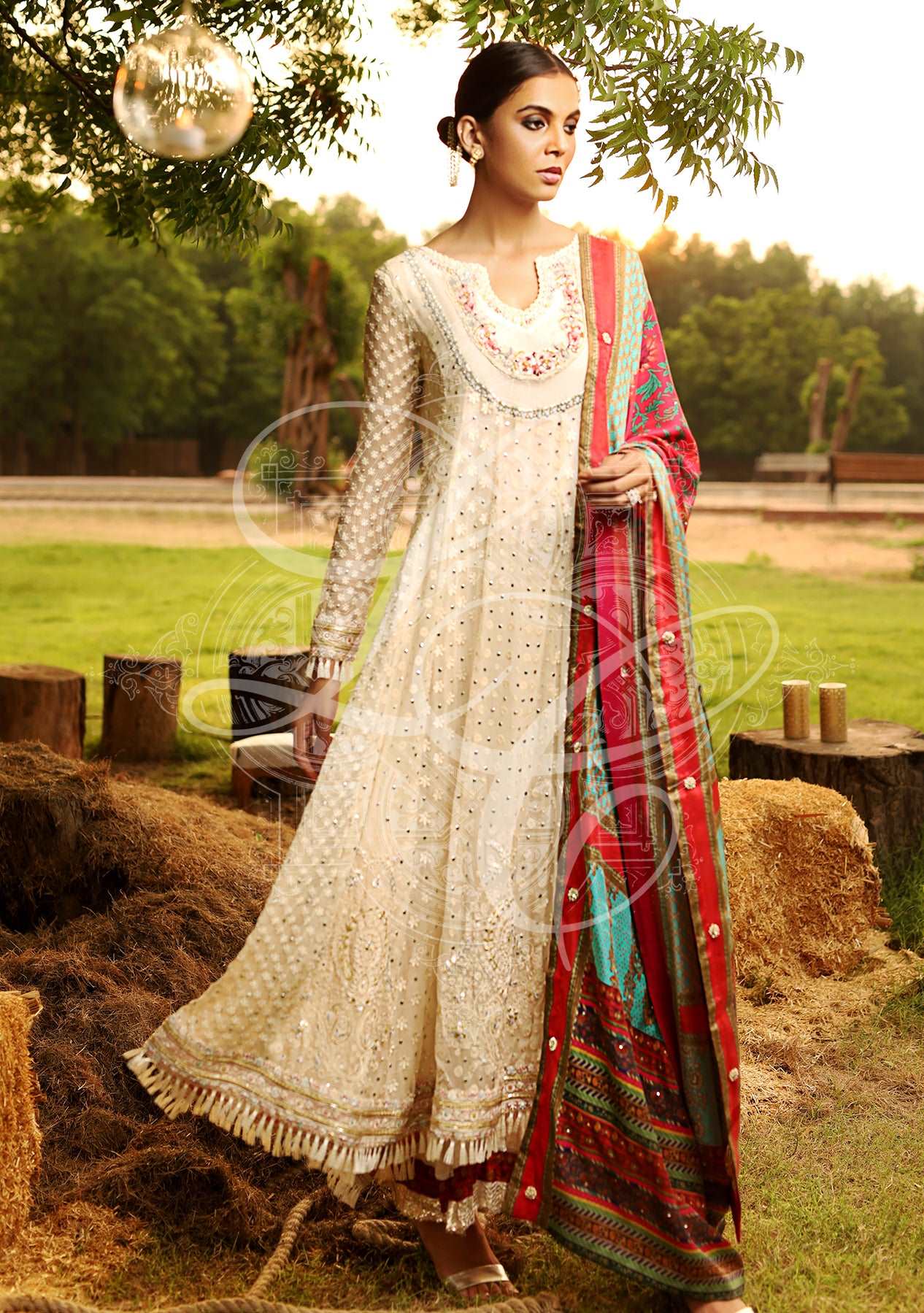 Chikankari off white peshwas with churidar and printed dupatta