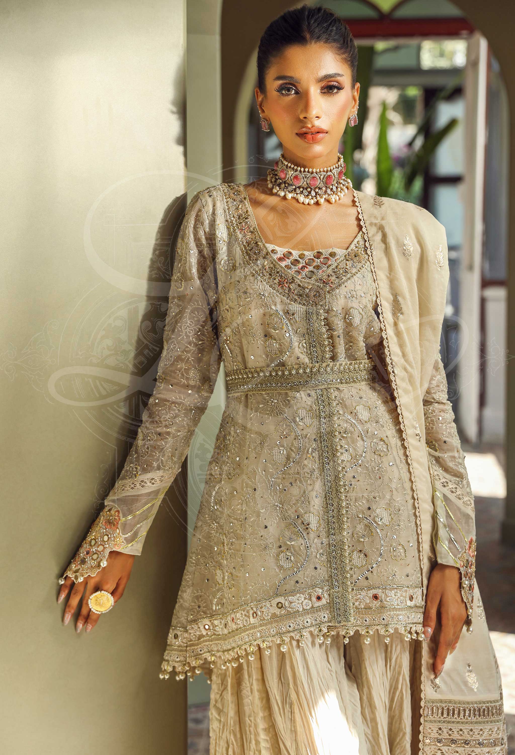 Zoya - Chikankari Kaamdaani Peplum Top With Gharara