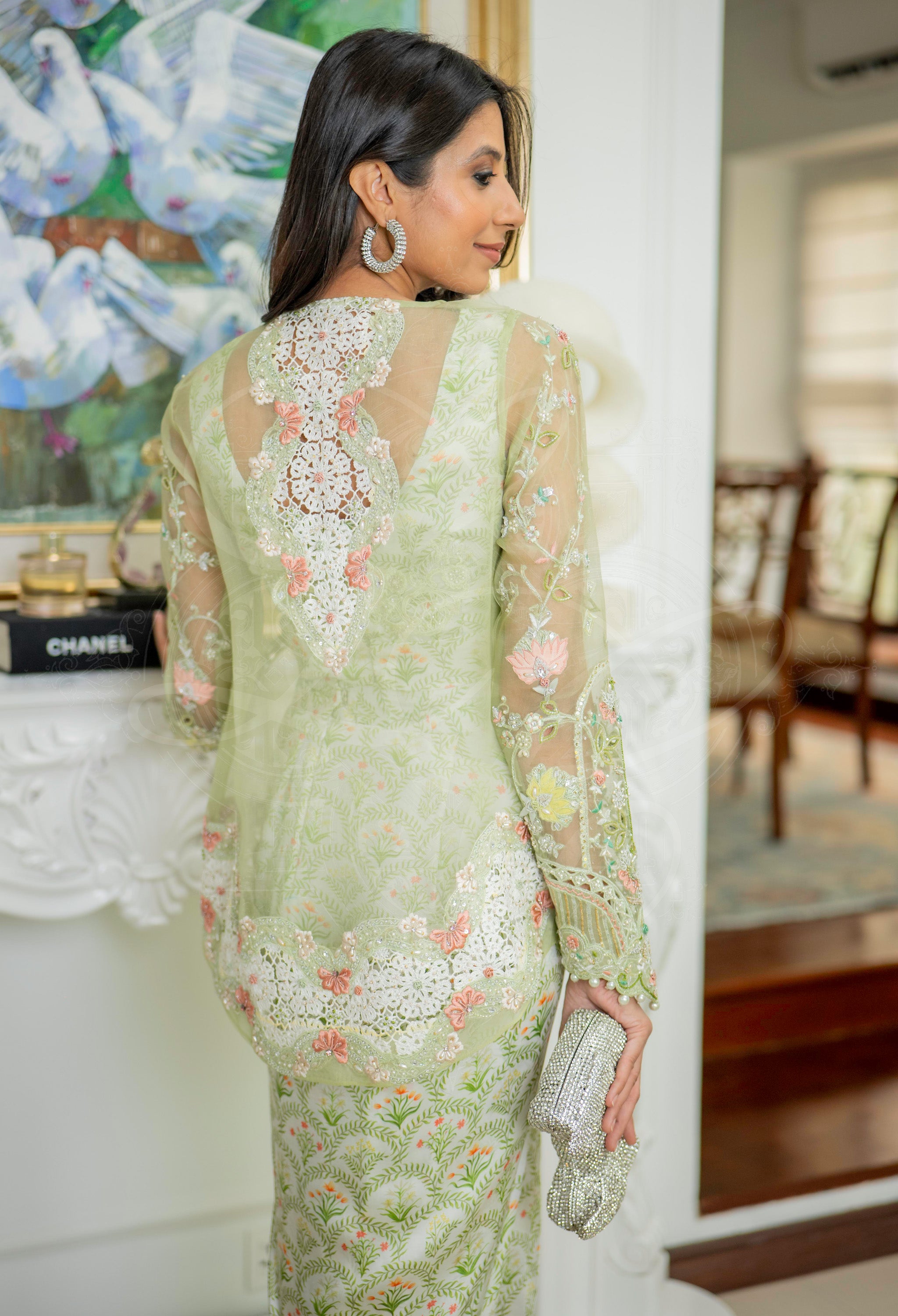 Elara Pistachio U-Hem Cutwork Saree Set