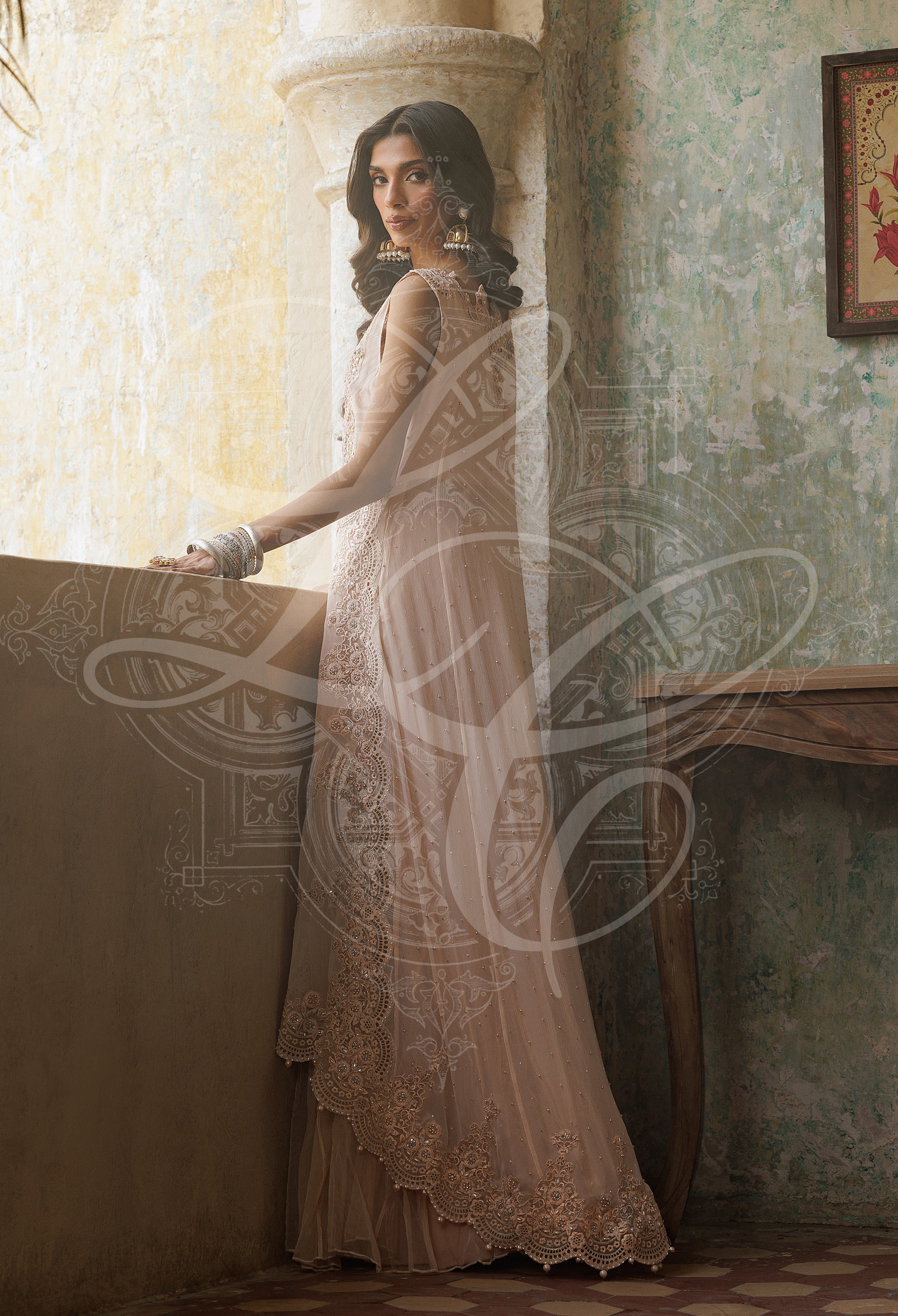 Shirin - Cutwork hi low shirt with crushed cutwork lehenga