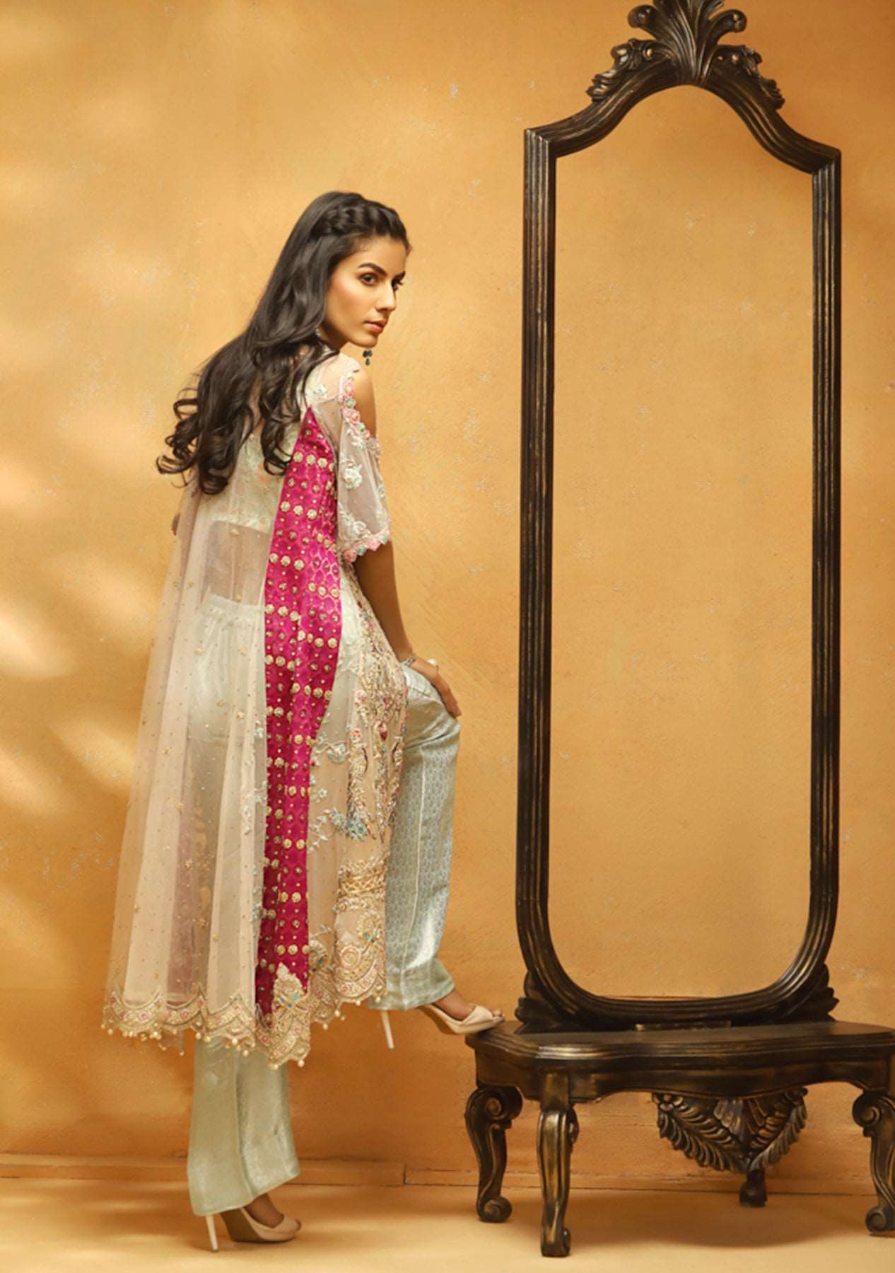 Kashmiri net coat with cami and bootcut pants