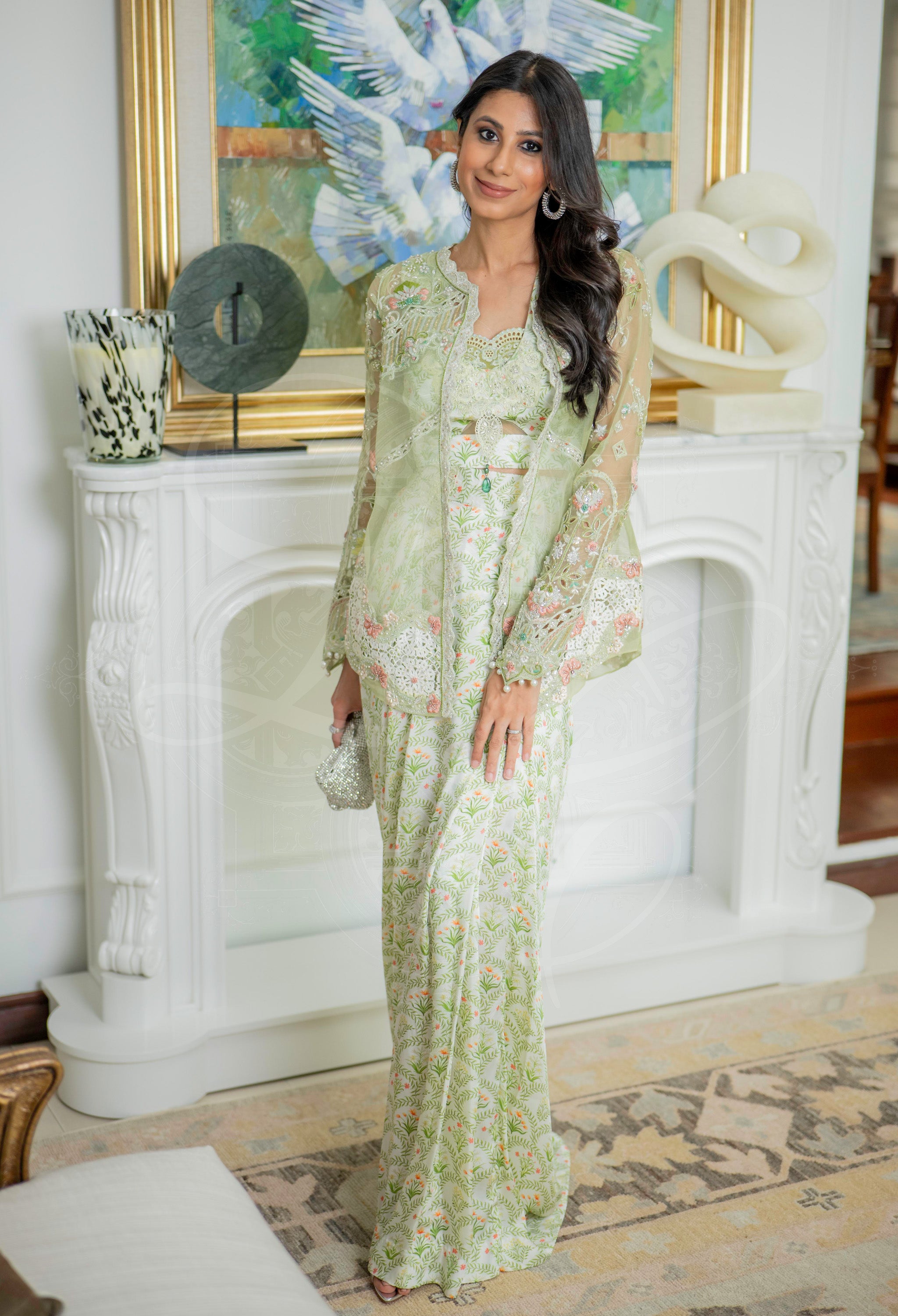 Elara Pistachio U-Hem Cutwork Saree Set