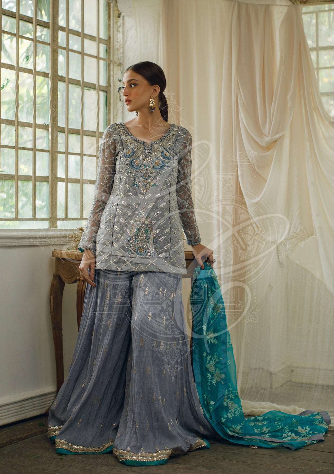 Grey short tunic and gharara set