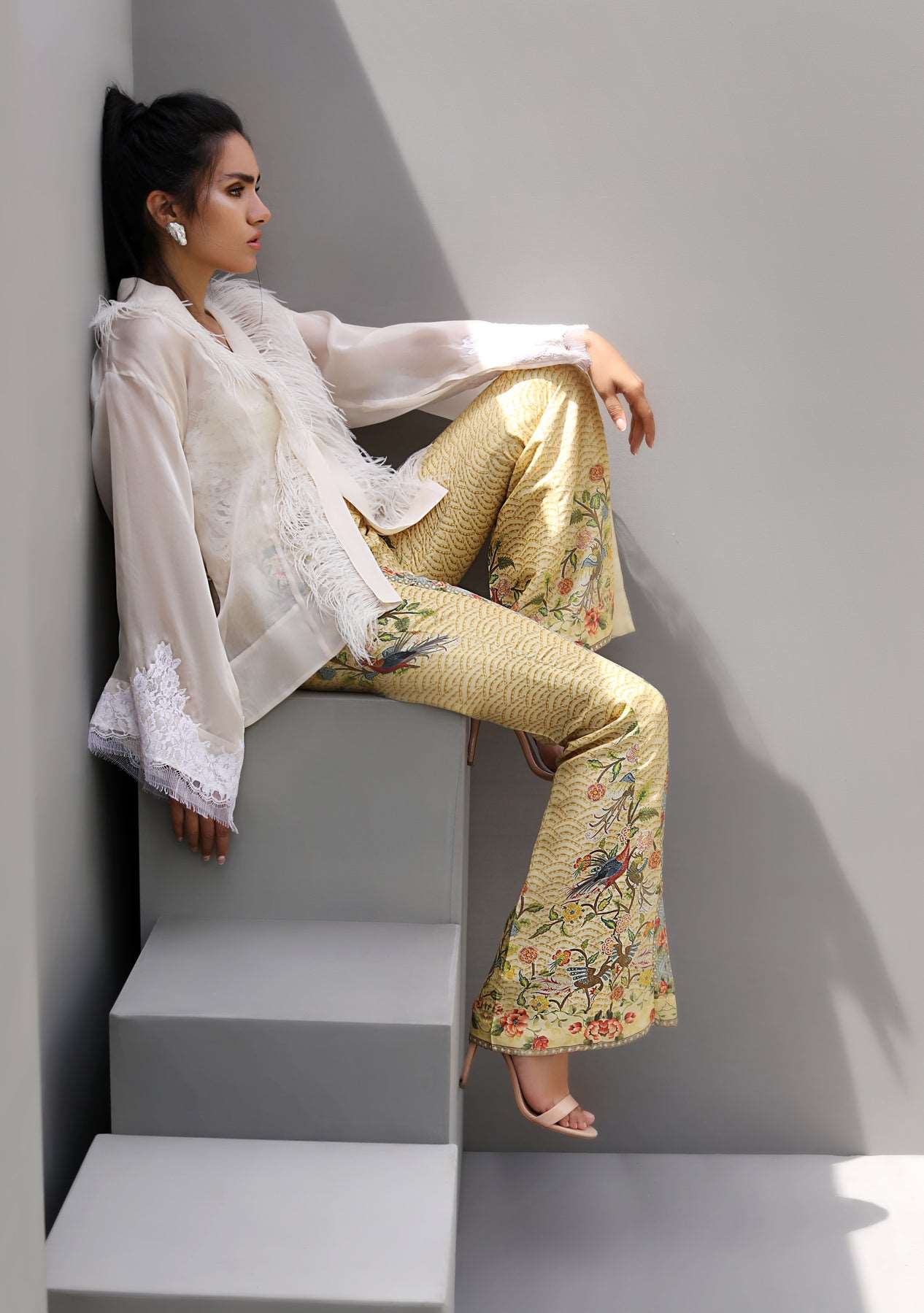 Satin wrap pantstop with lemon printed