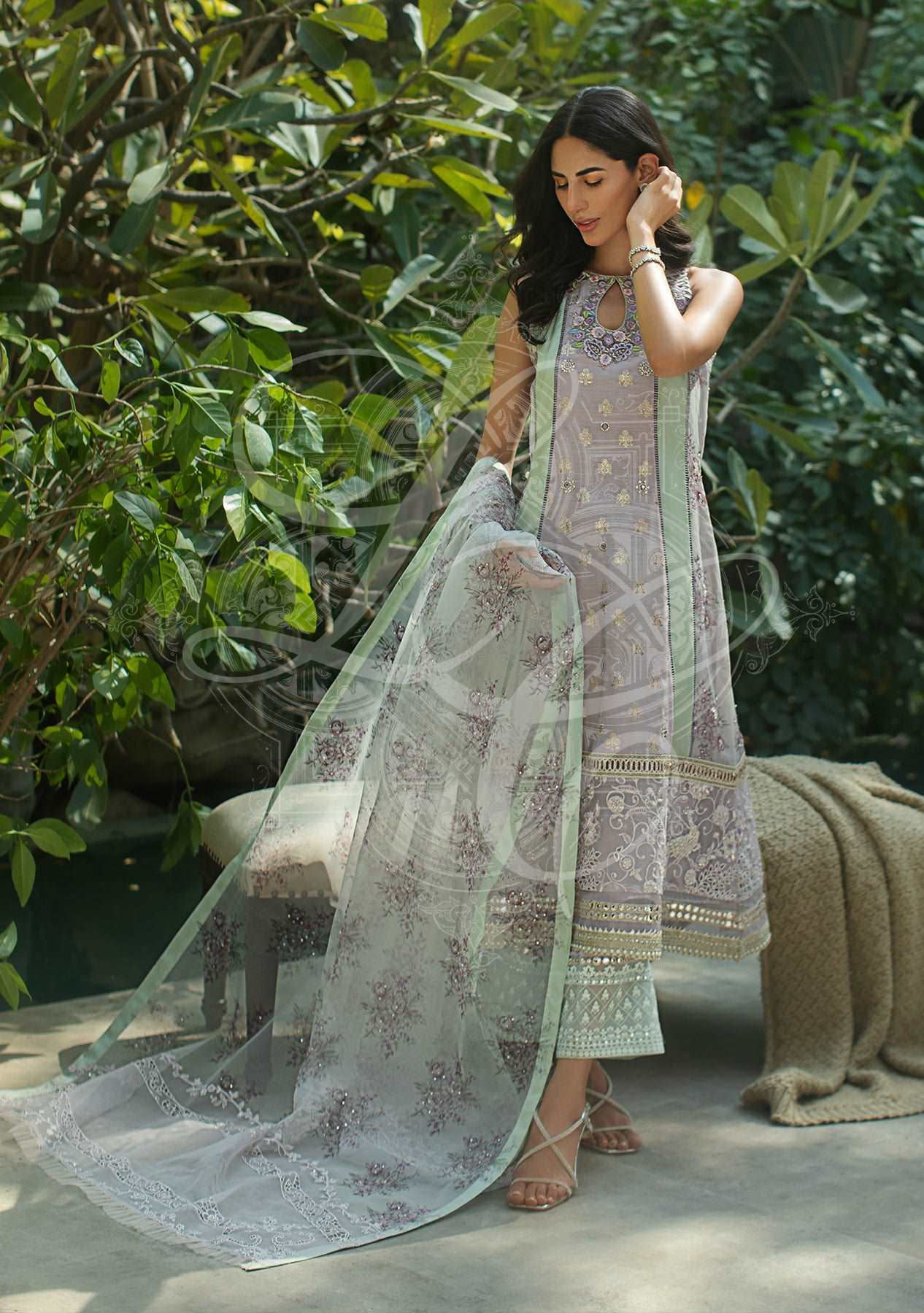 Lavender kali kurta with pants and printed dupatta