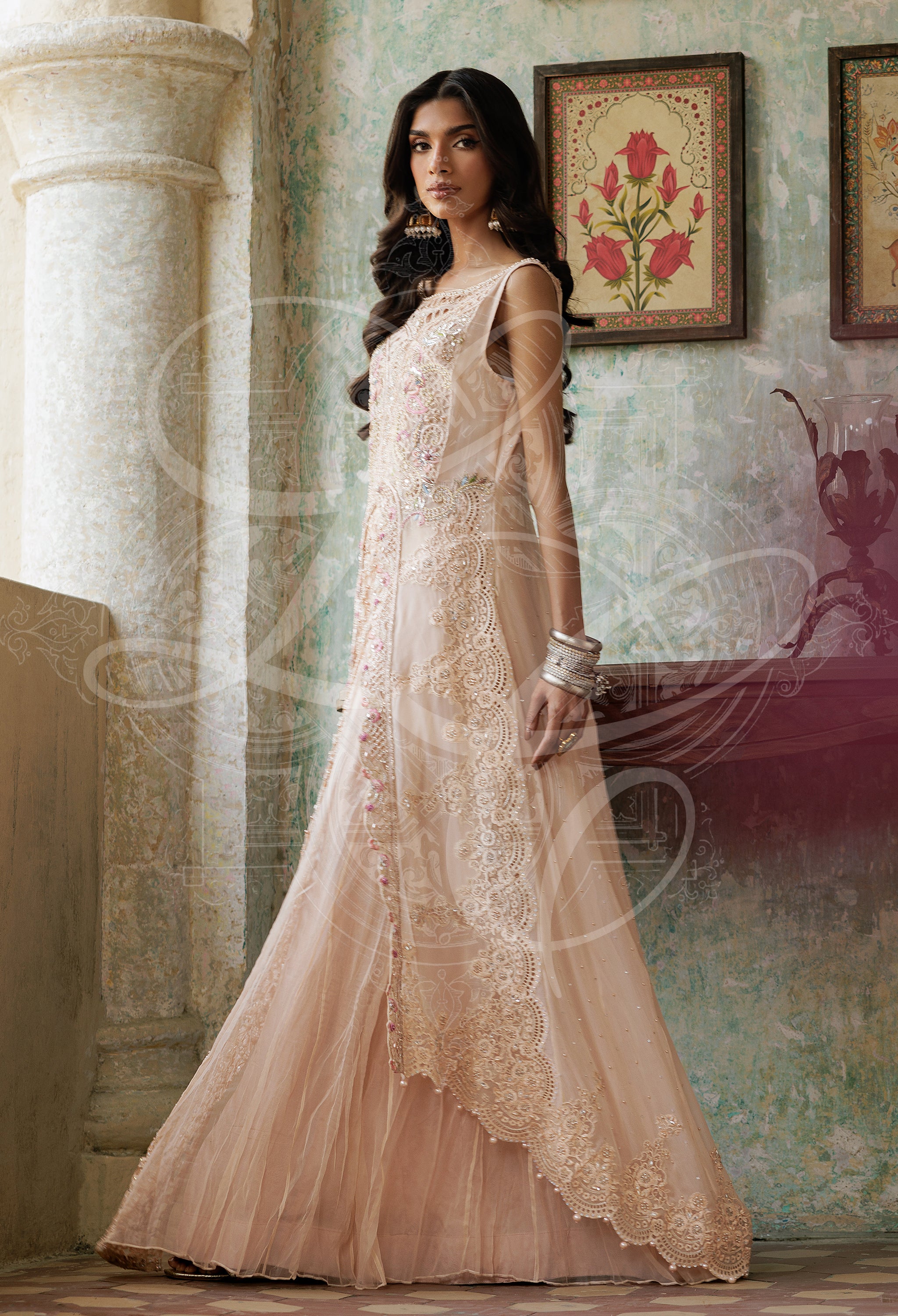Shirin - Cutwork hi low shirt with crushed cutwork lehenga