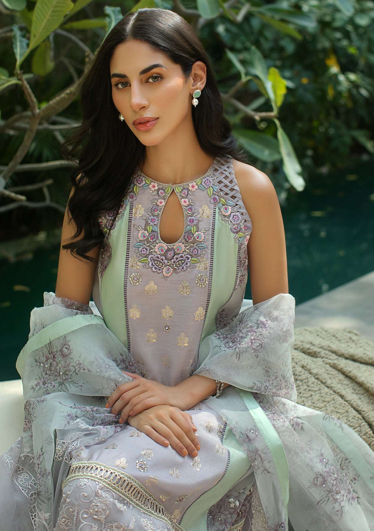 Lavender kali kurta with pants and printed dupatta
