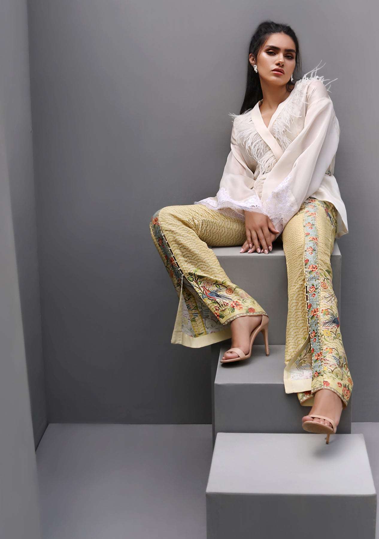 Satin wrap pantstop with lemon printed