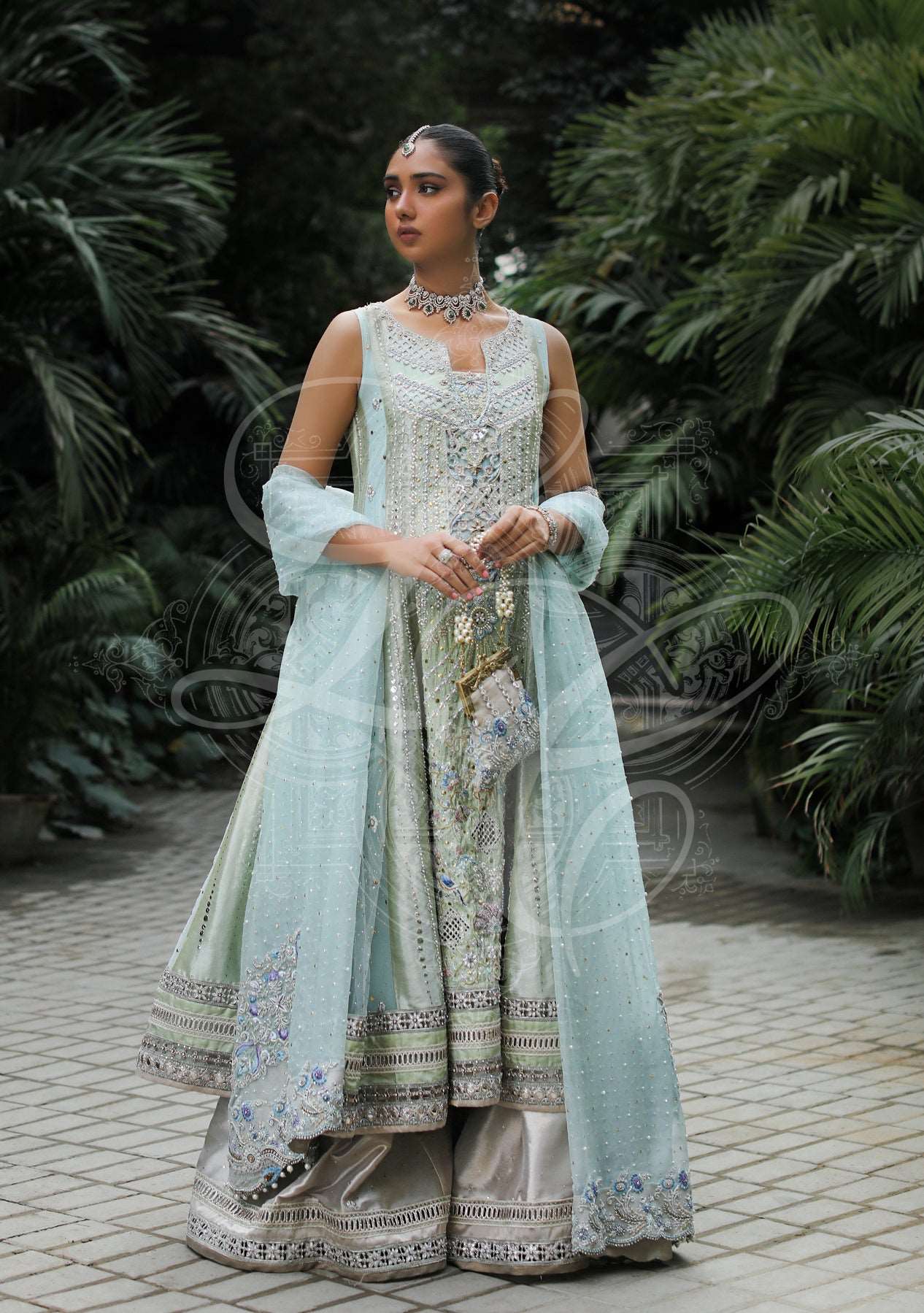 Blue and green bridal dress