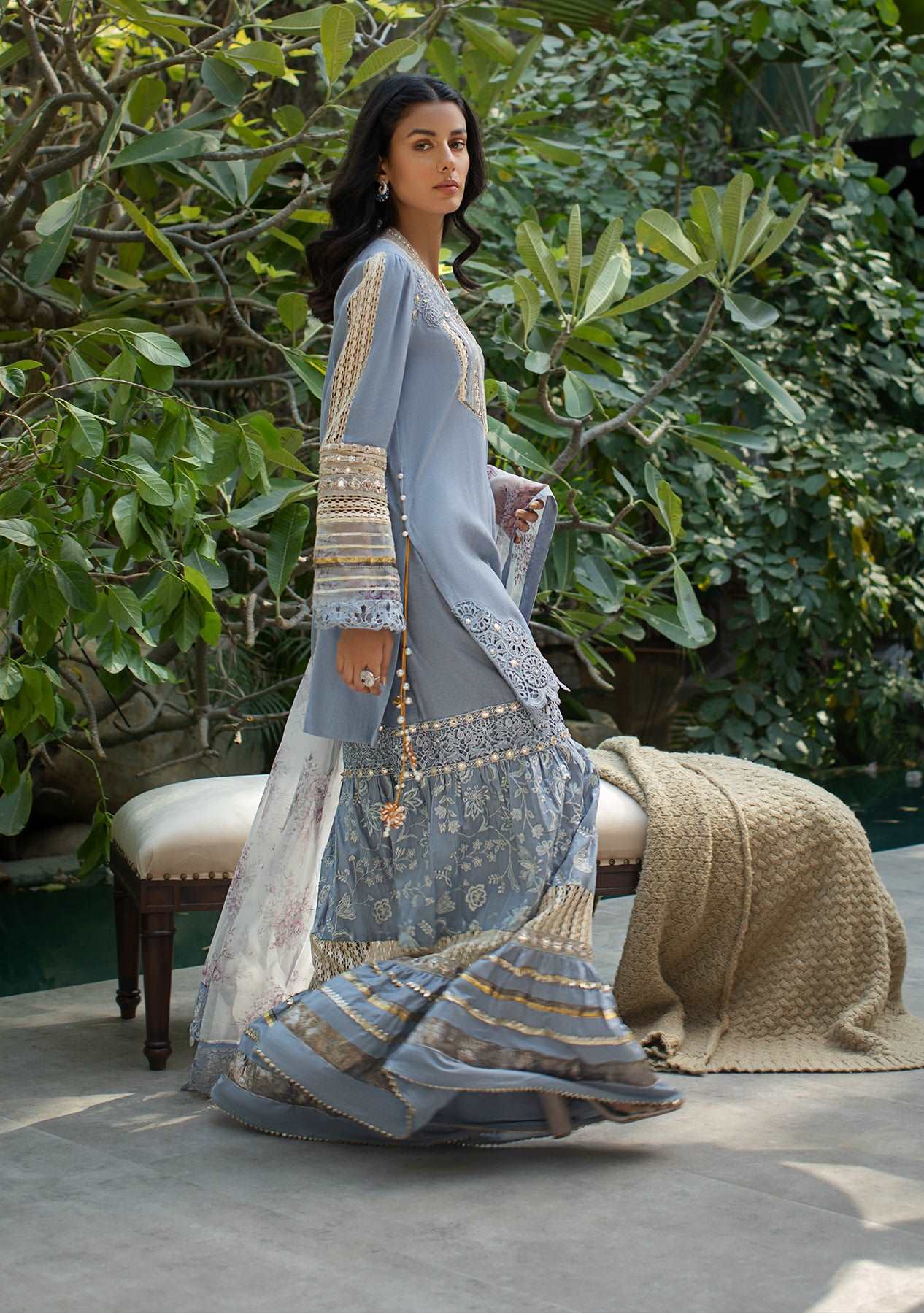 Periwinkle tunic with gharara and printed dupatta