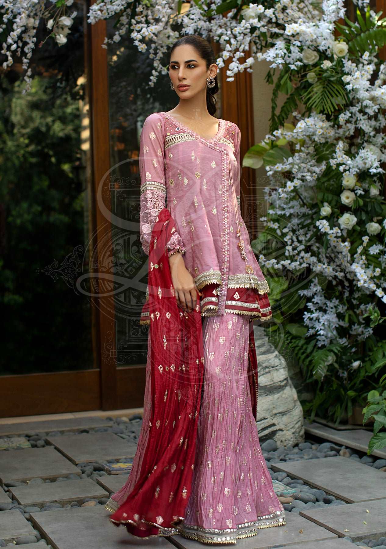 Peplum angrakha top with crushed dupatta and gharara