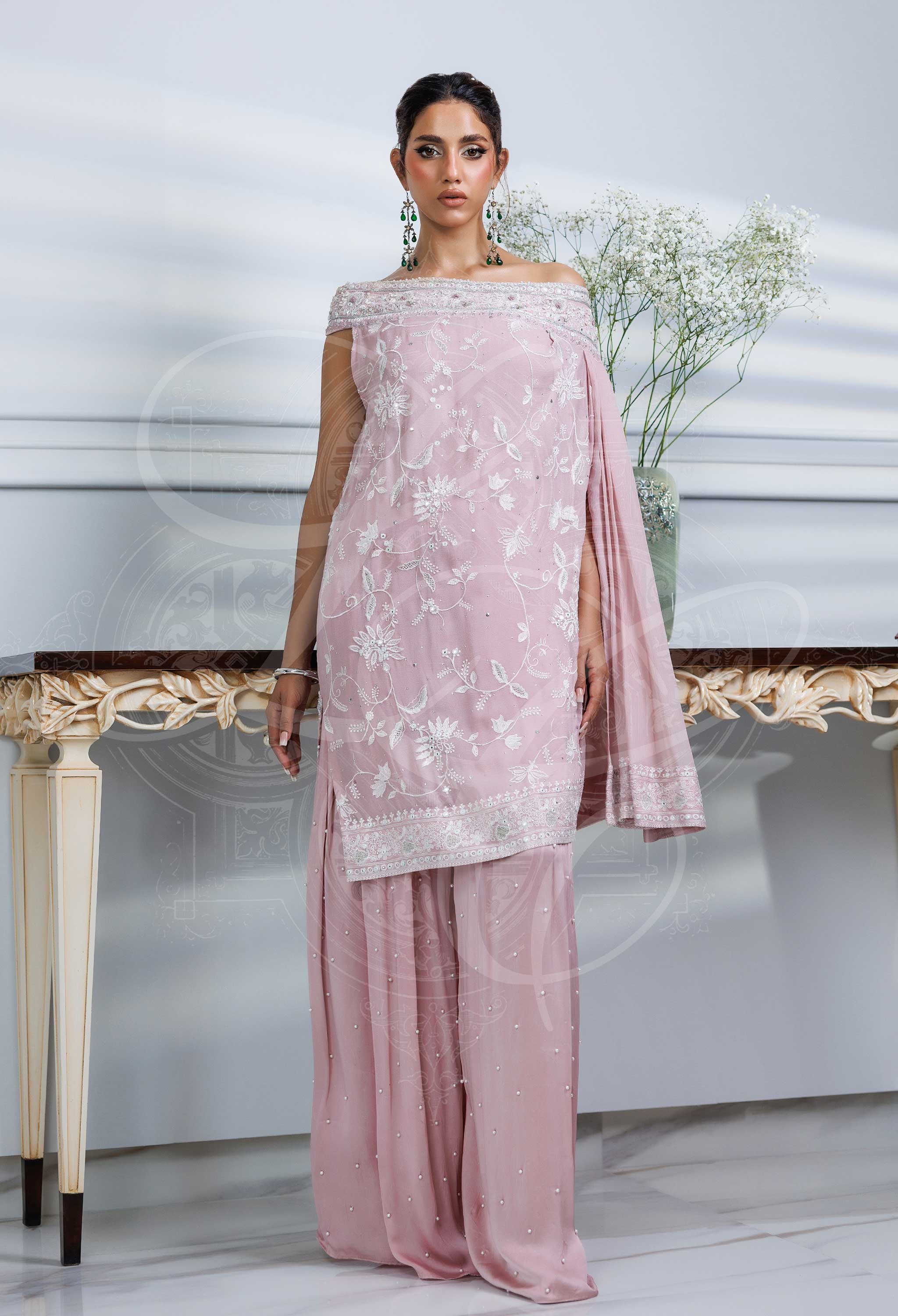 EYANA - Rose Pink Asymmetrical top With chikankari and Culottes