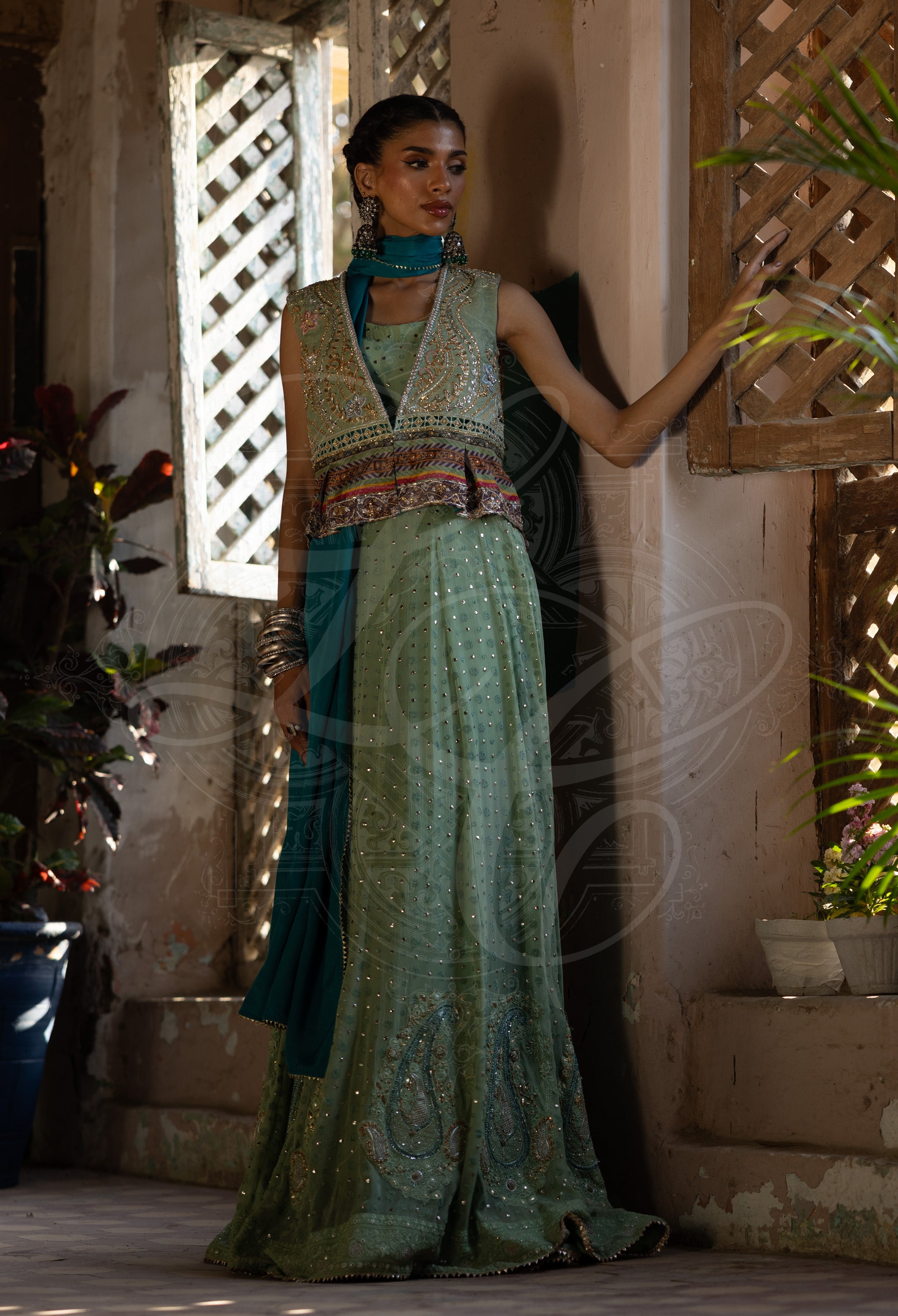 Sage Green Chikankari Peshwas Set with Teal Embroidered Coat
