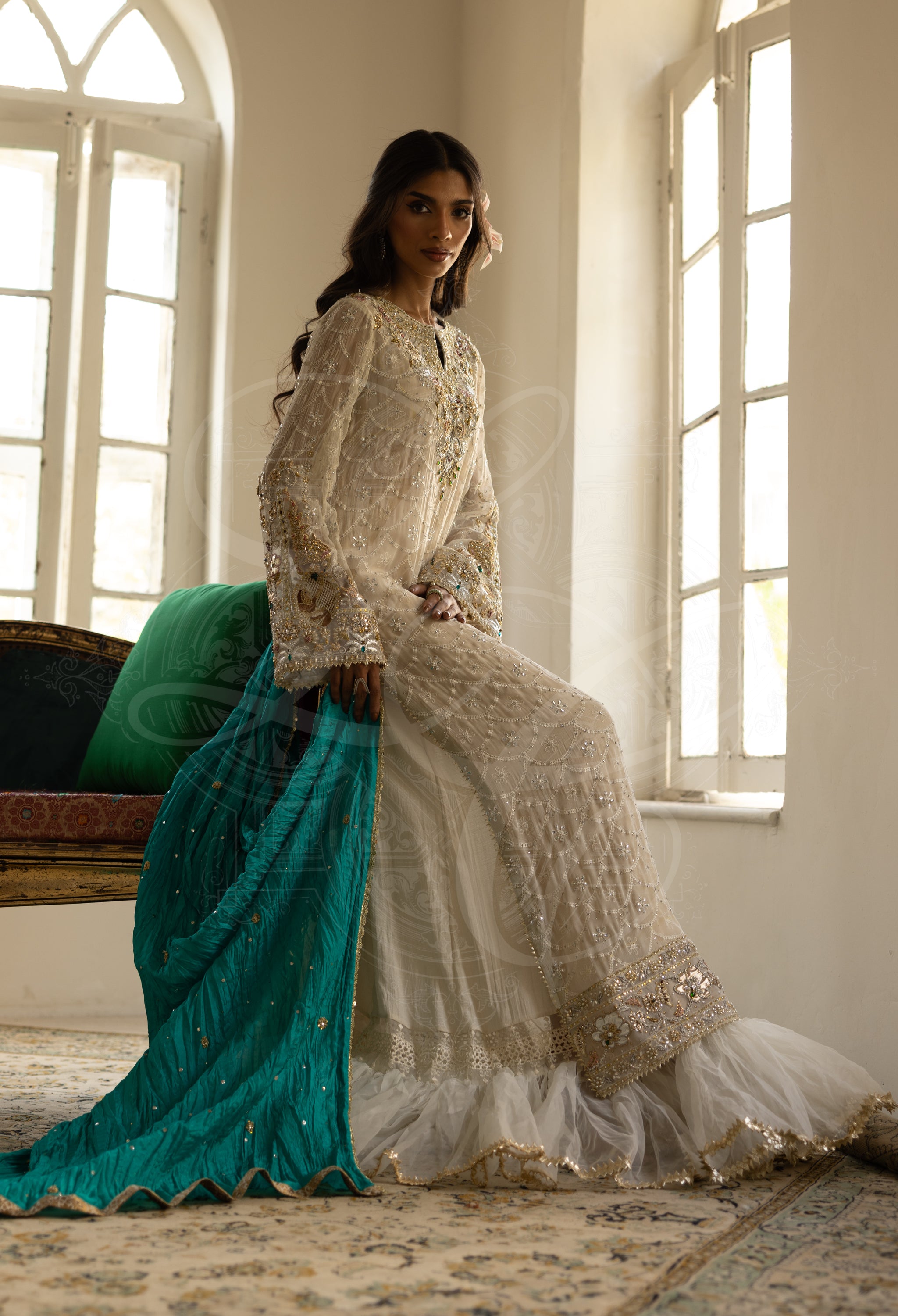 Off-White Chikankari & Kaamdaani Jaal Gharara Set with Sea Green Dupatta