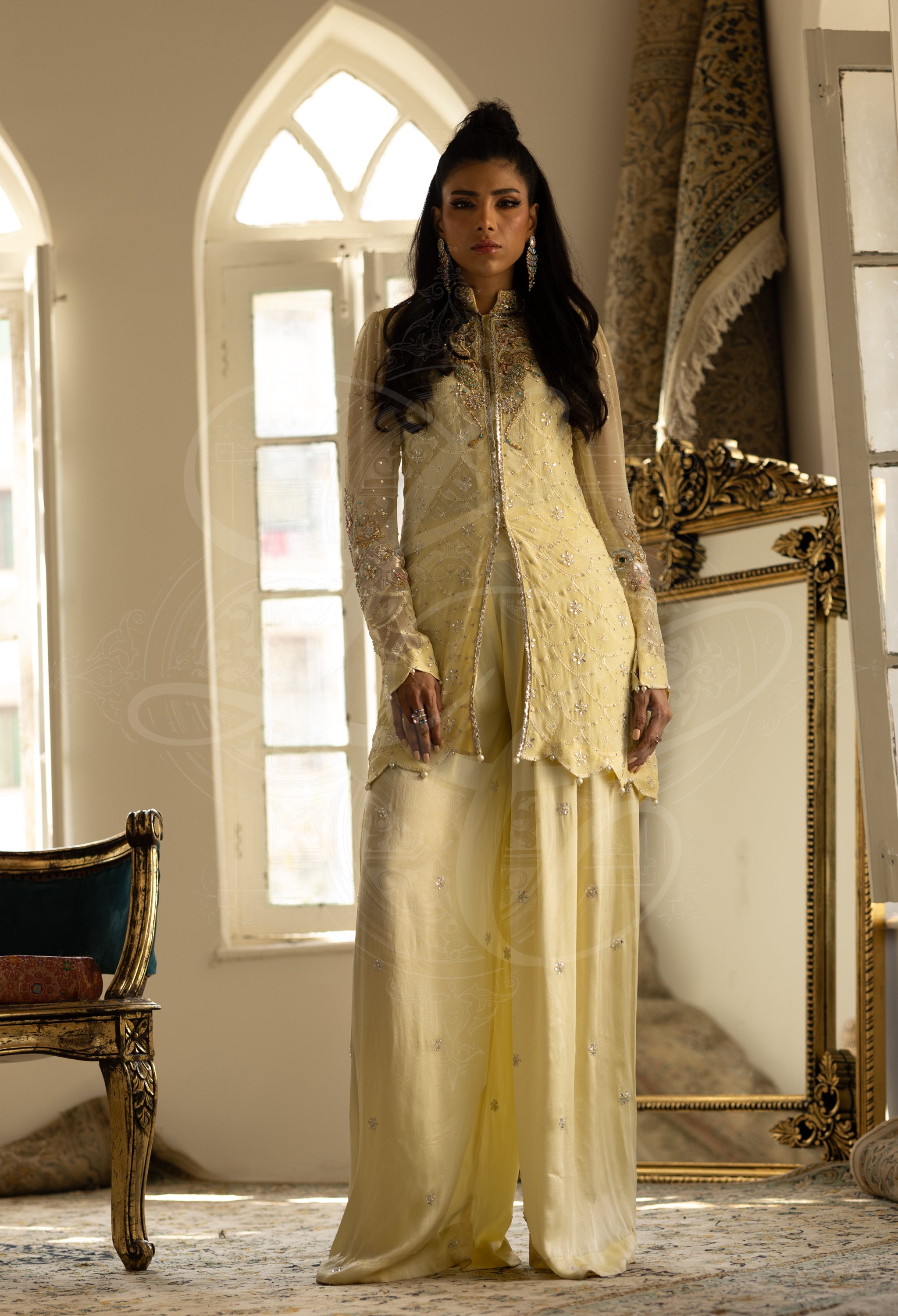 Lemon Chikankari Kaamdaani Set with Diamanté Embellished Culottes