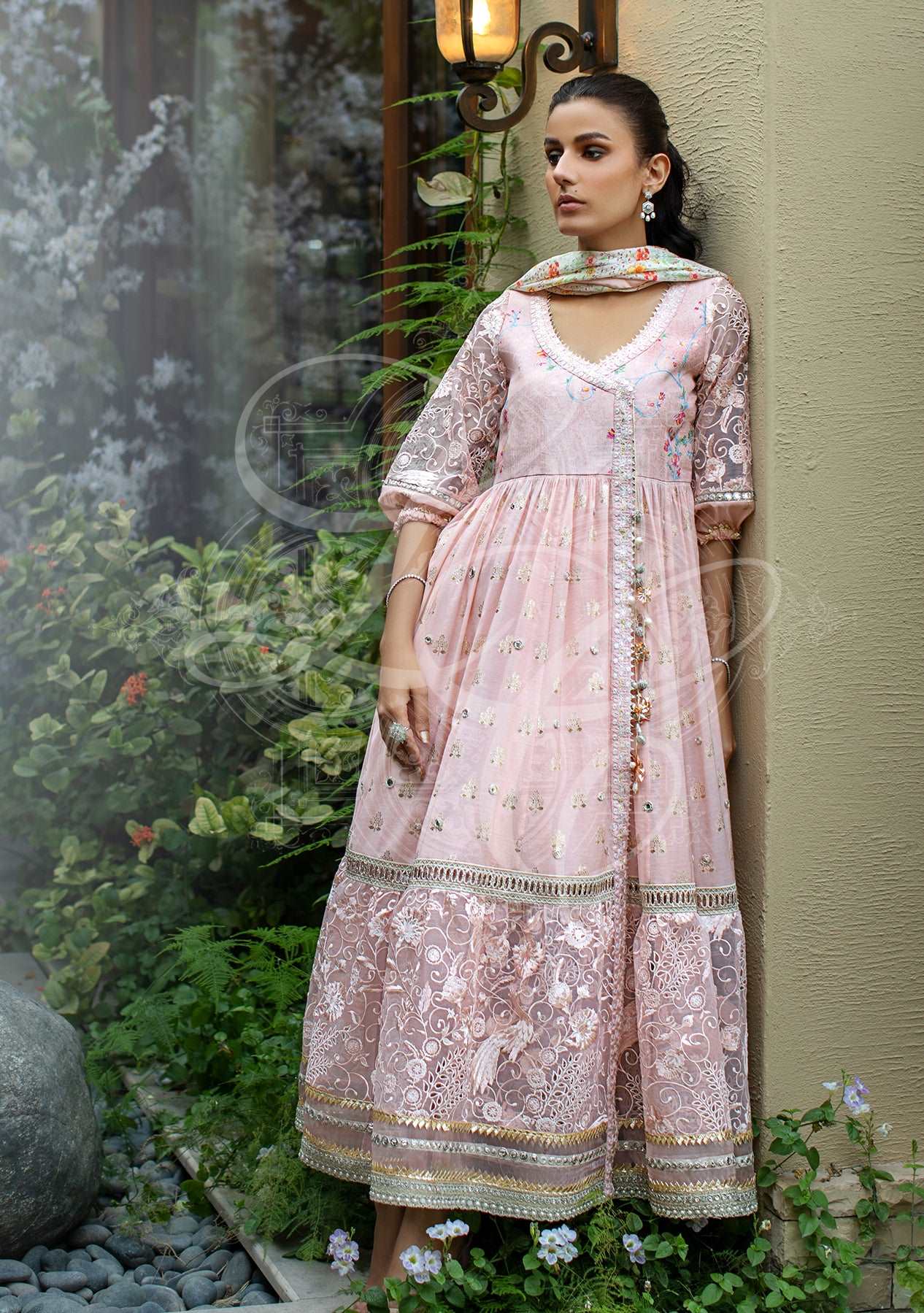 Peach angrakha with pants and printed dupatta