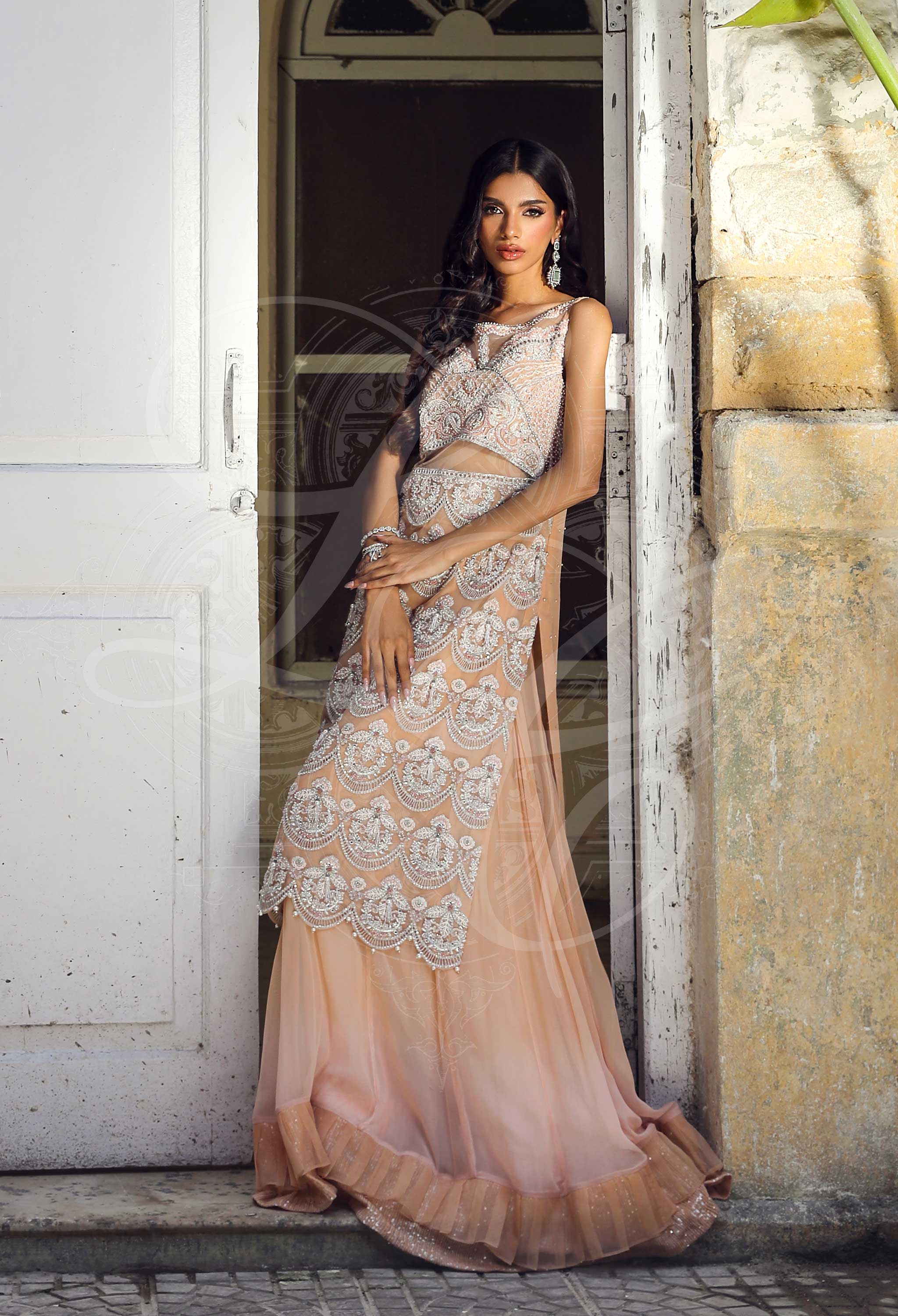 Lirien - Caramel blush Long Top With Ombre Chiffon Lehenga