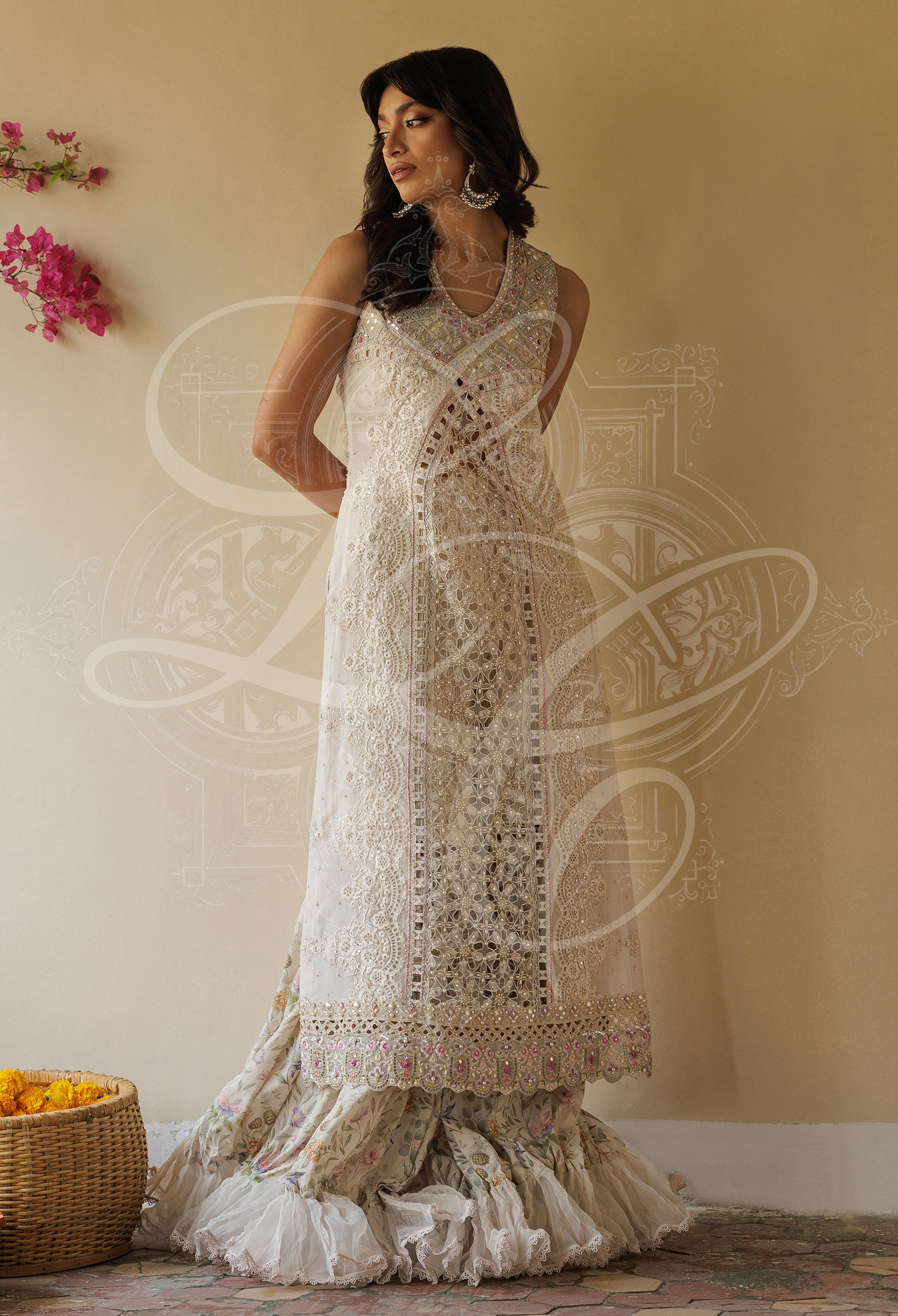 Parvaneh - Long cutwork kameez with Striped gharara and organza ruffle