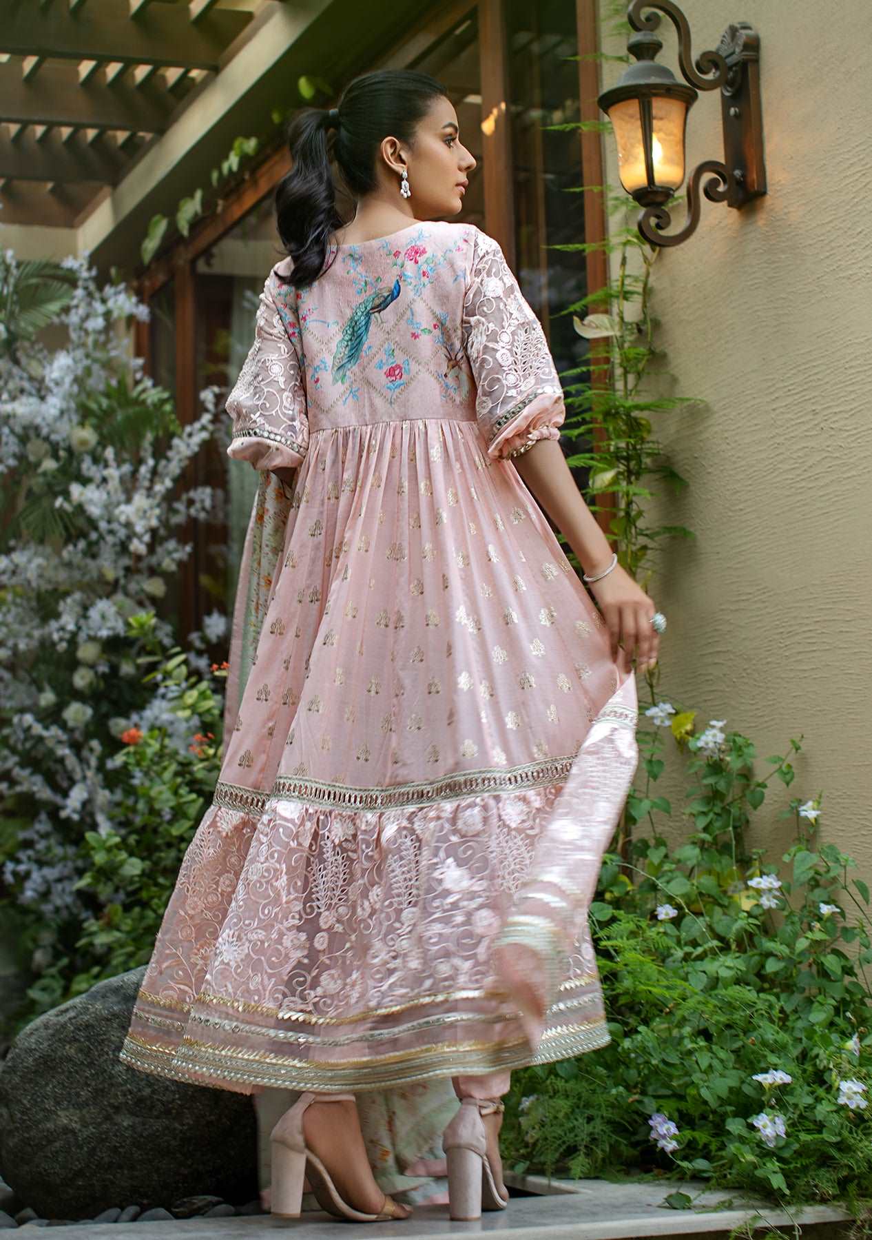 Peach angrakha with pants and printed dupatta
