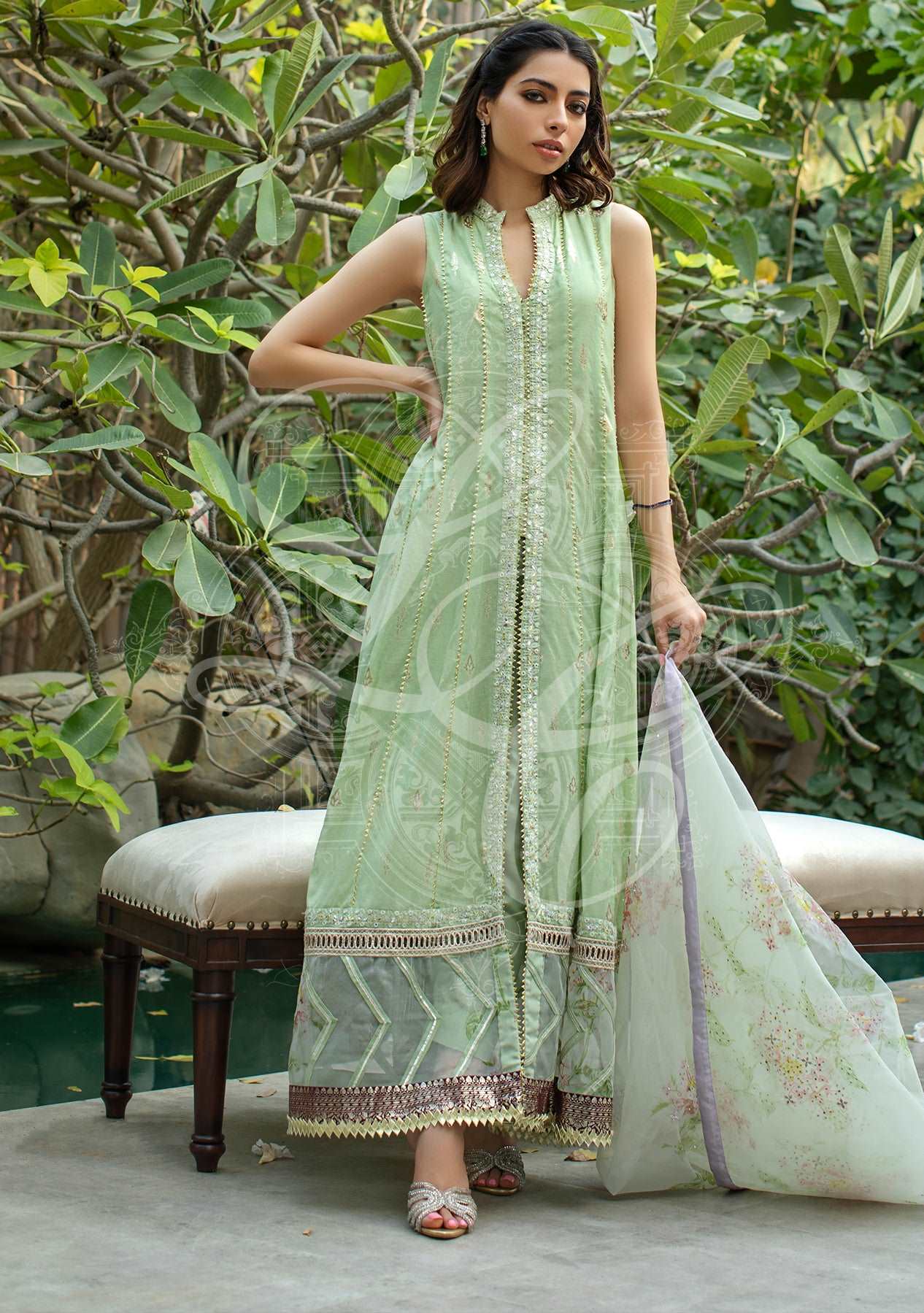 Green kalidar with pants and printed dupatta