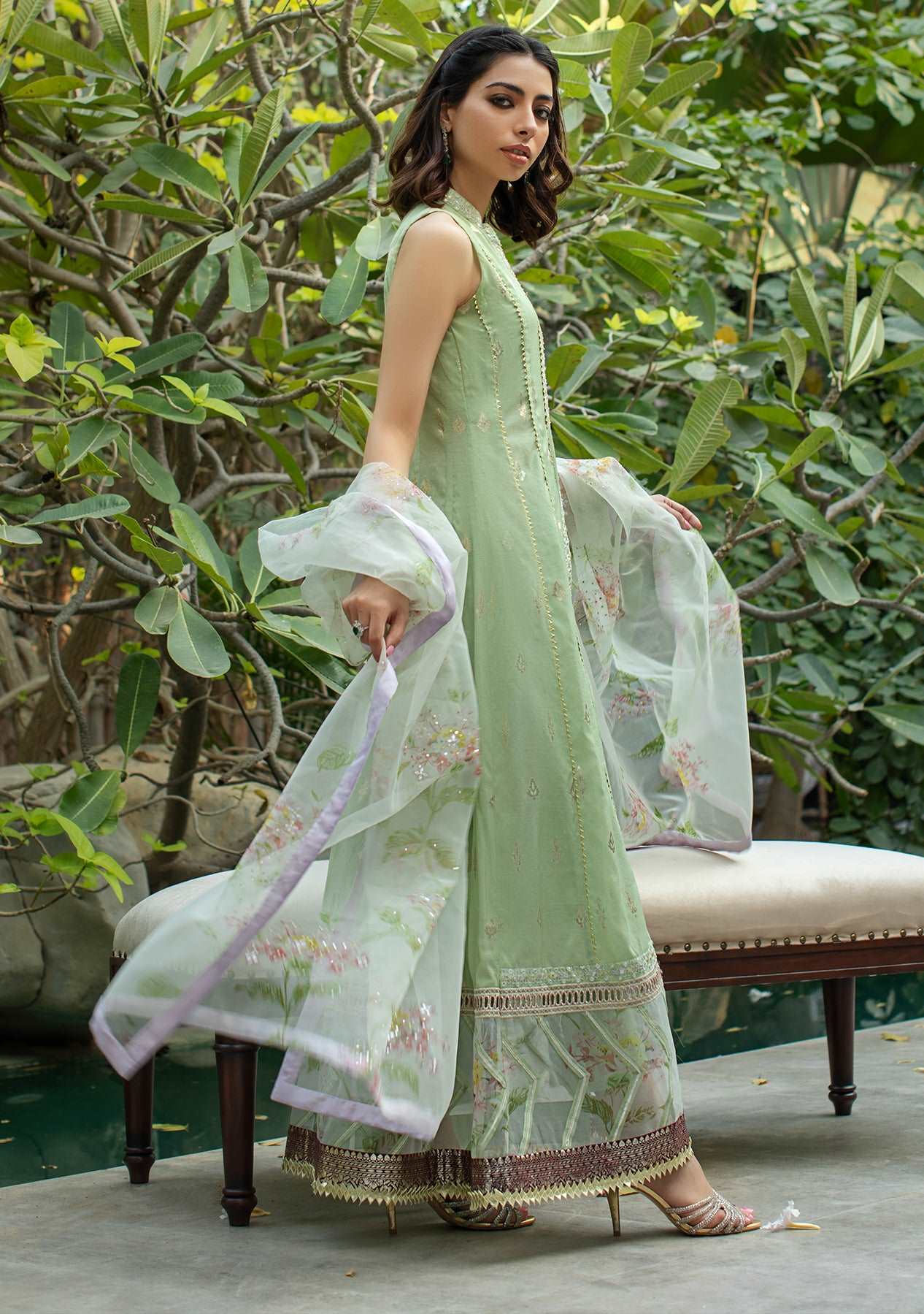 Green kalidar with pants and printed dupatta