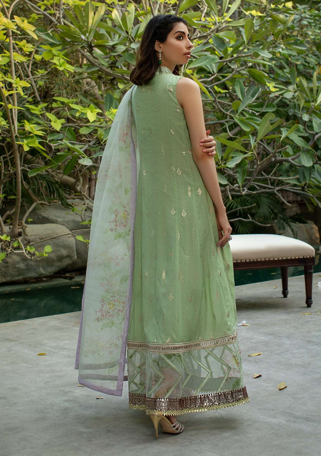 Green kalidar with pants and printed dupatta