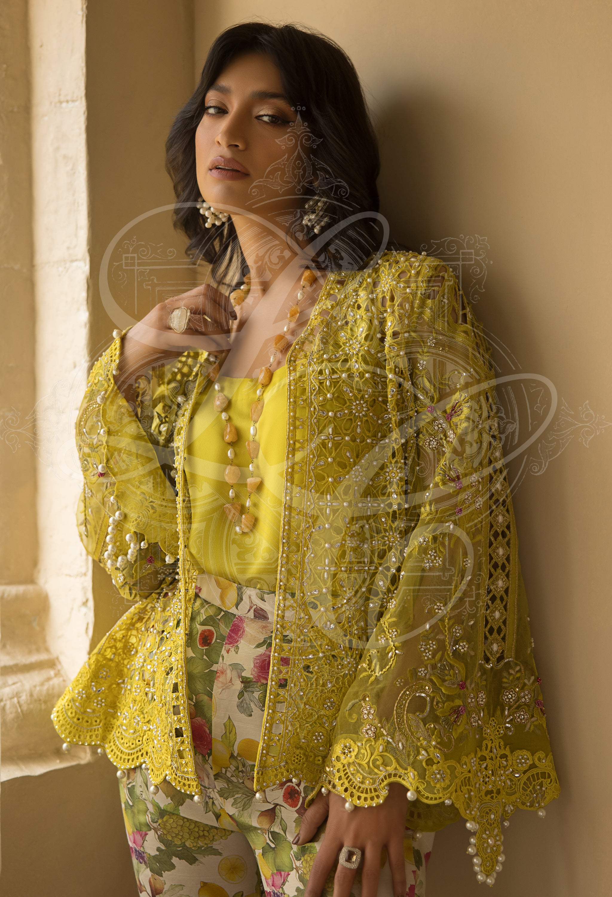 AVA - Cutwork Coat with bell Sleeves and printed bootcut Pant