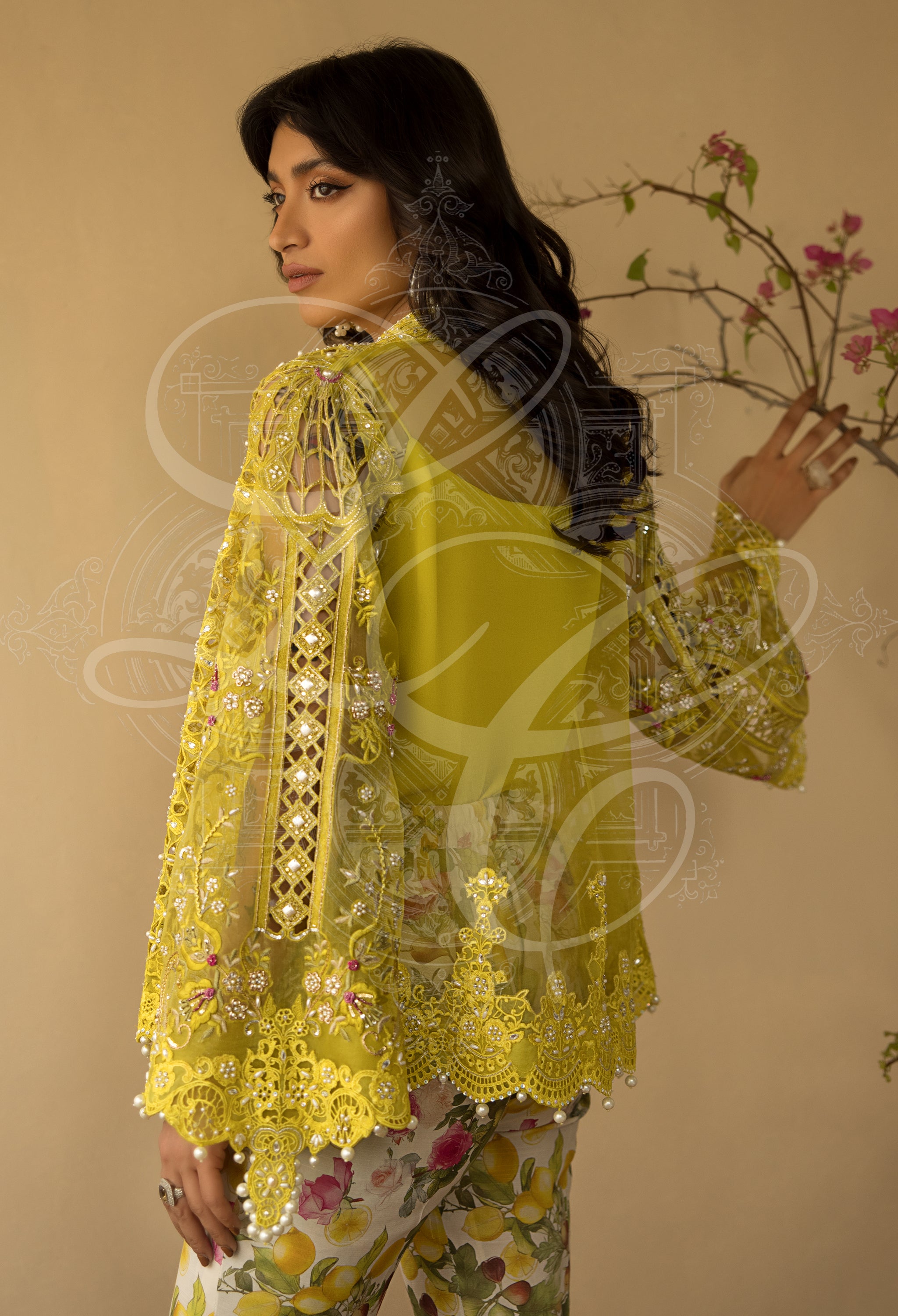 AVA - Cutwork Coat with bell Sleeves and printed bootcut Pant