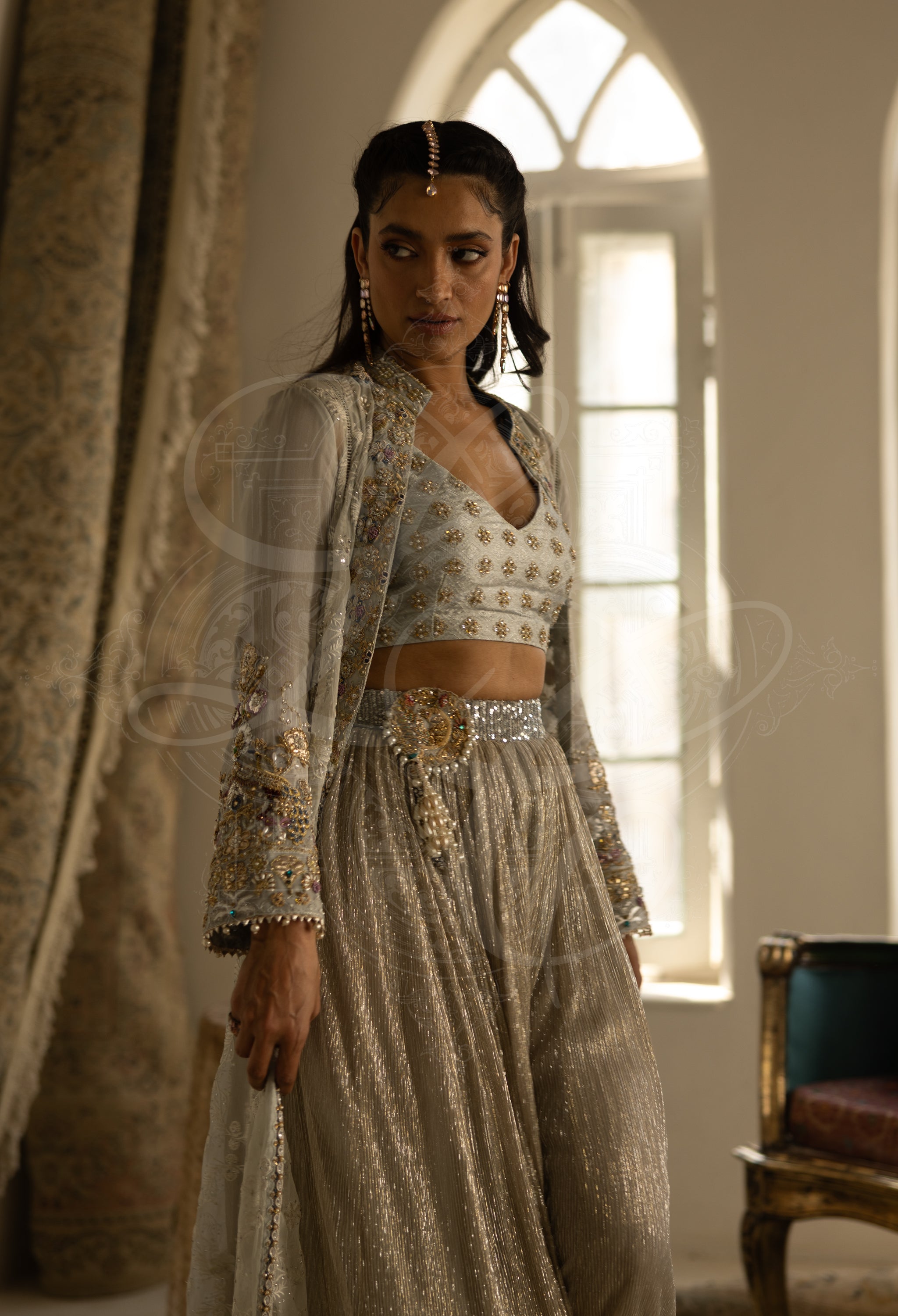 Silver Grey Chikankari Coat Set with Hand Embellished Gharara