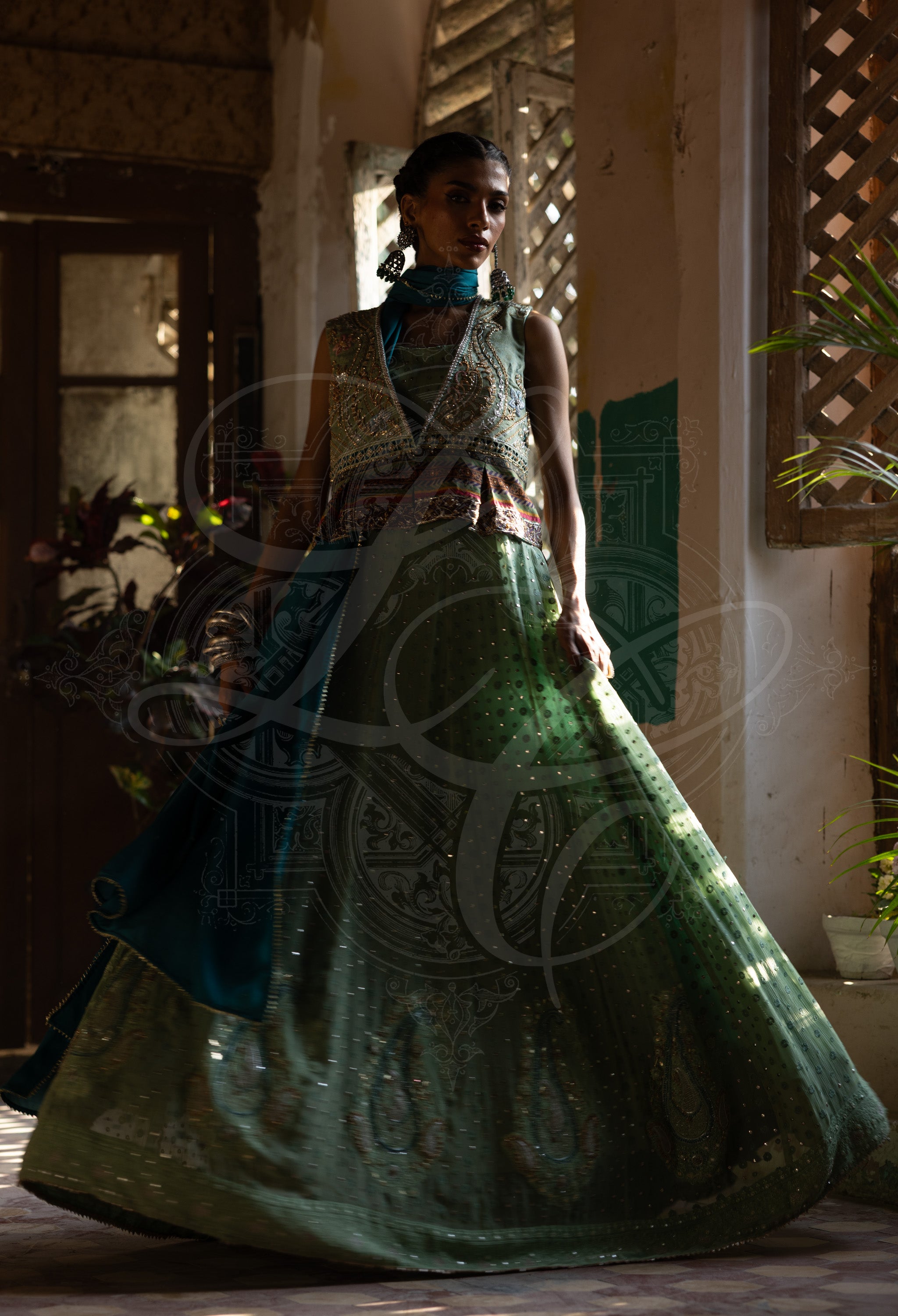 Sage Green Chikankari Peshwas Set with Teal Embroidered Coat