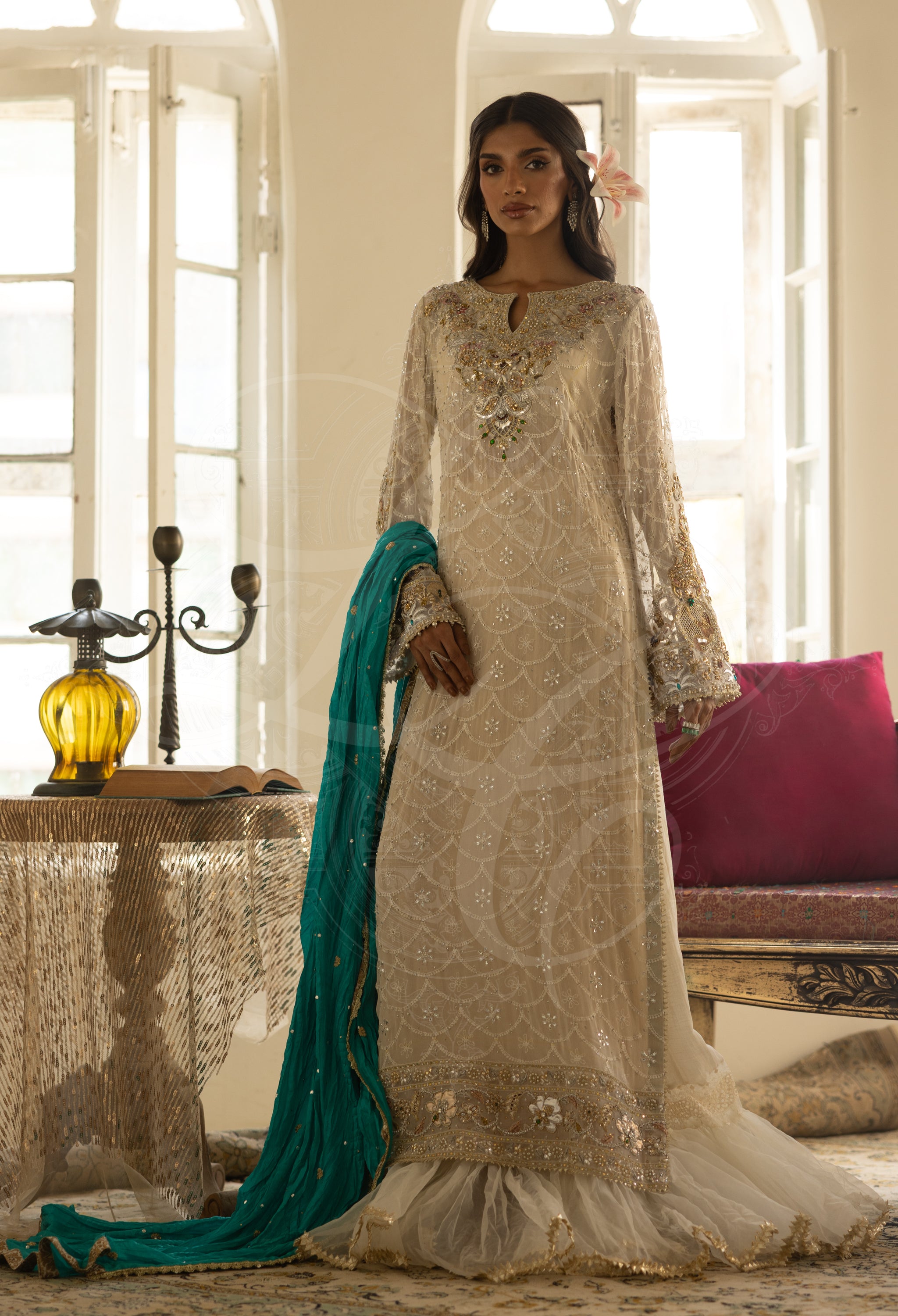 Off-White Chikankari & Kaamdaani Jaal Gharara Set with Sea Green Dupatta