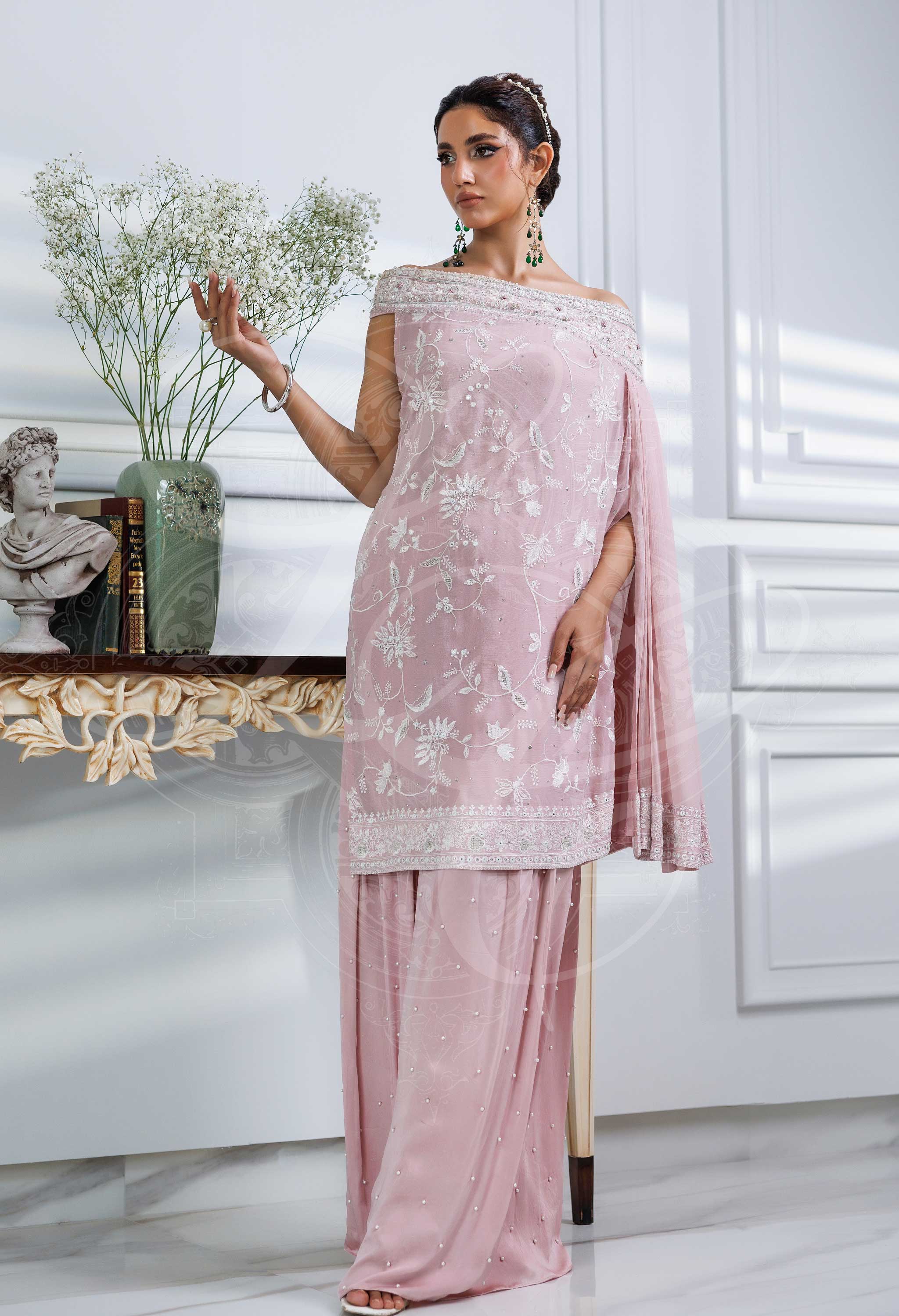 EYANA - Rose Pink Asymmetrical top With chikankari and Culottes