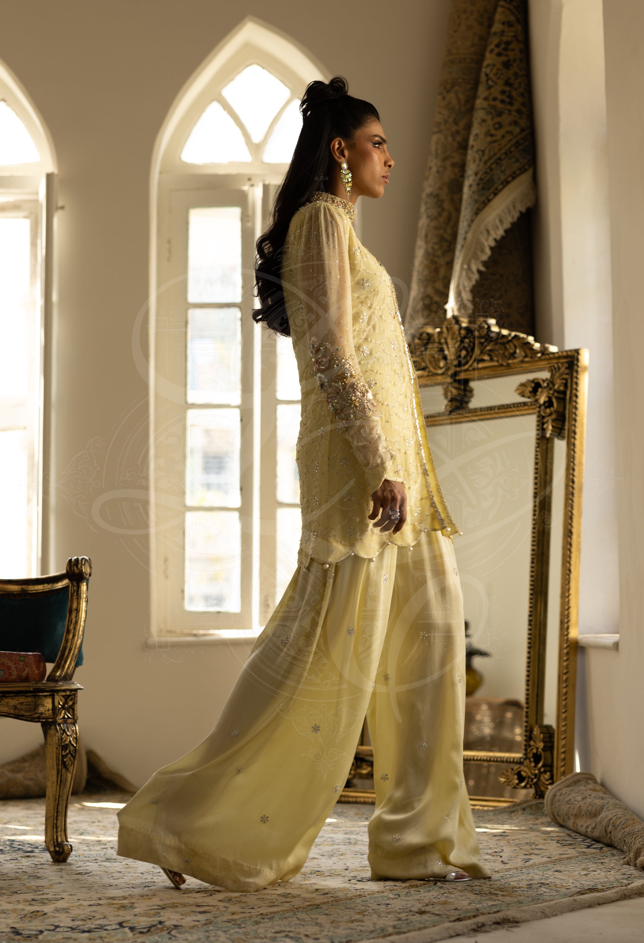 Lemon Chikankari Kaamdaani Set with Diamanté Embellished Culottes