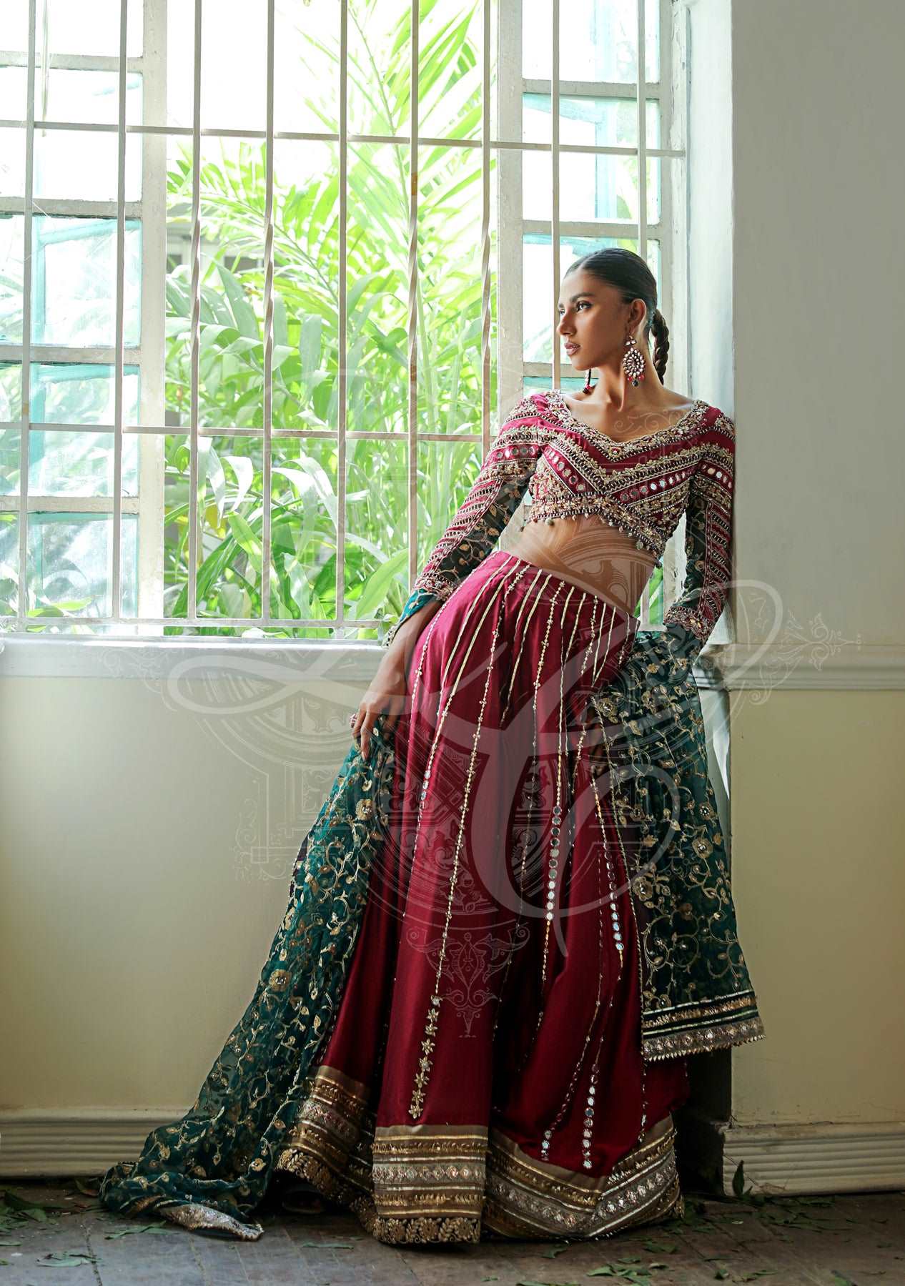 Fuchsia pink lehenga choli with green dupatta