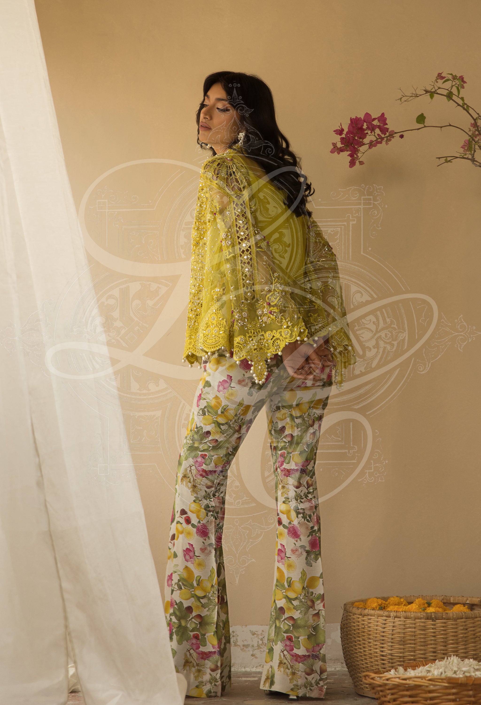 AVA - Cutwork Coat with bell Sleeves and printed bootcut Pant