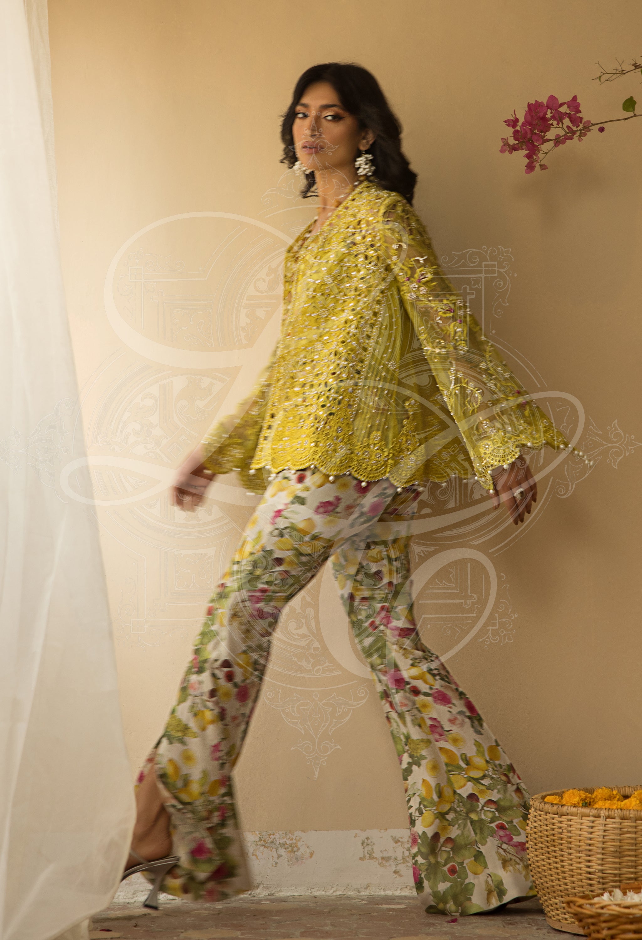 AVA - Cutwork Coat with bell Sleeves and printed bootcut Pant