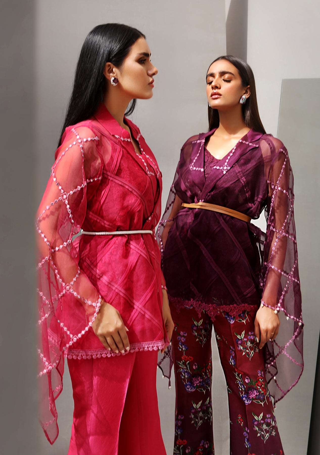 Organza wrap top with plain pants